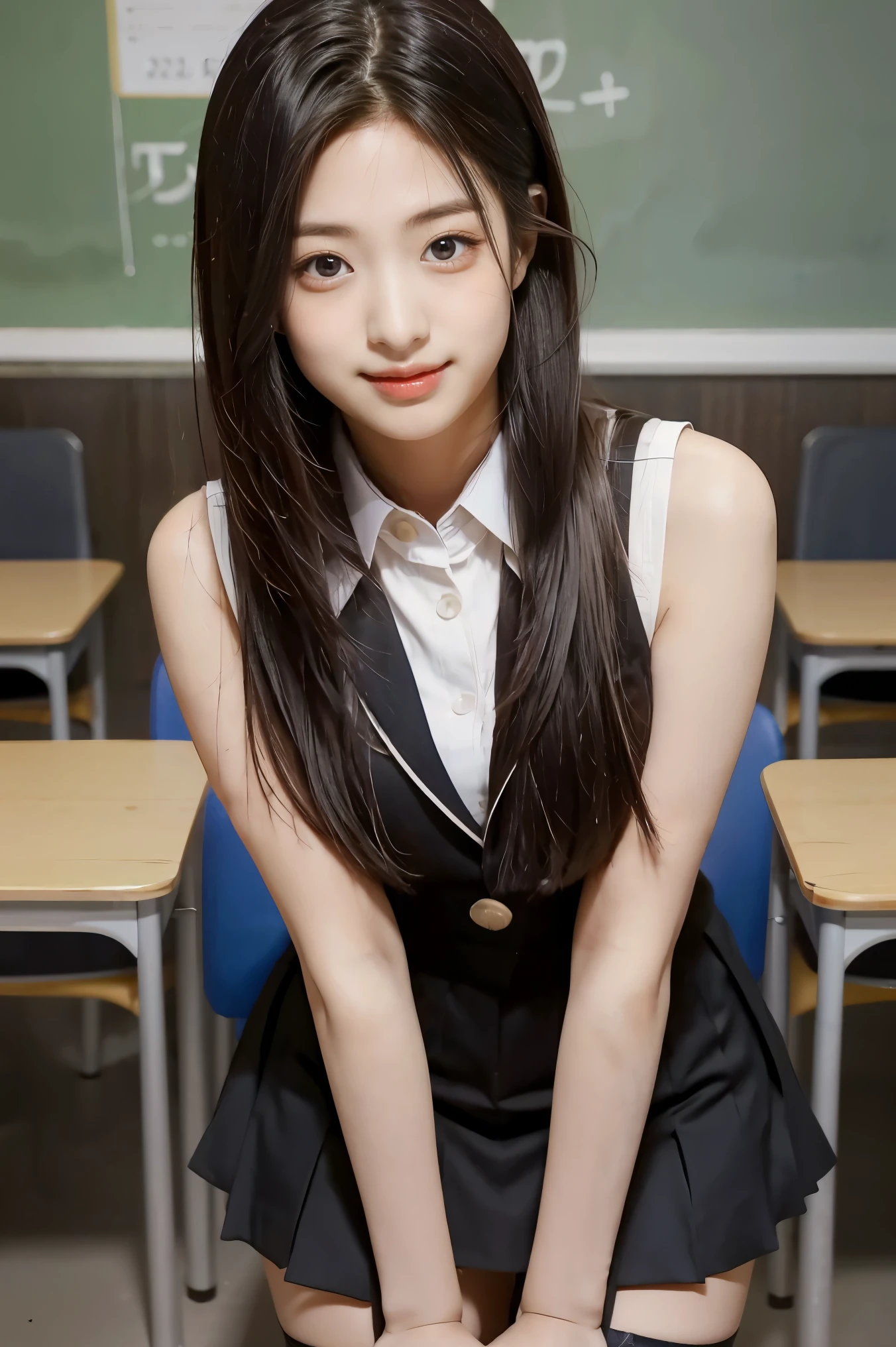 super detailed, BREAK Complete Anatomy , beautiful face and eye details flooded into the classroom, 1 Japanese girl , black hair, straight hair,amount,smile, business suit, I'm wearing a curved permanent ,Hands on knees, Big Breasts ,crop,From a viewpoint, viewers, ((suit and miniskirt )) ,Do the splits、 legs、 garter belt、 focus on your thighs、m字Do the splits