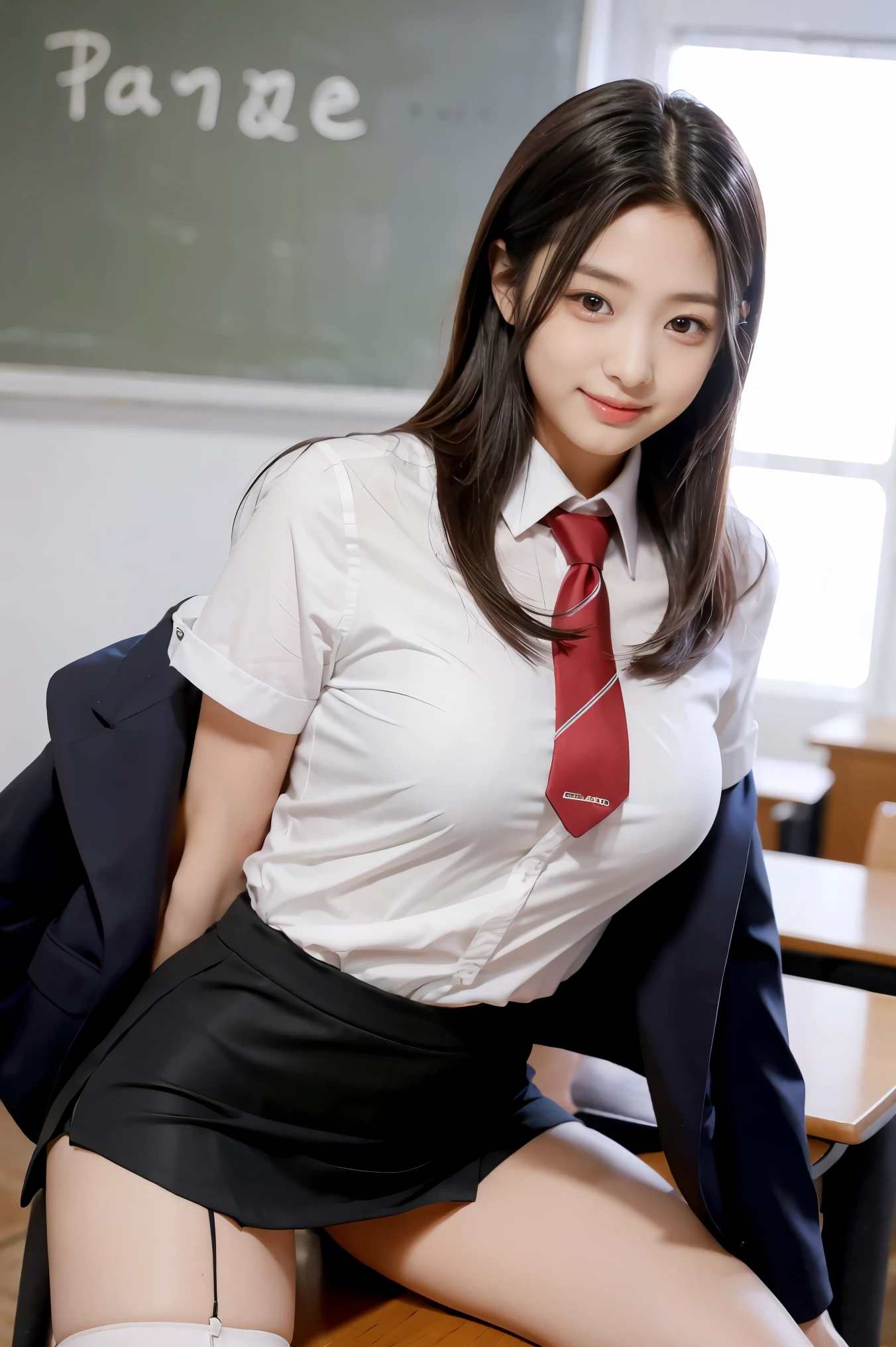 super detailed, BREAK Complete Anatomy , beautiful face and eye details flooded into the classroom, 1 Japanese girl , black hair, straight hair,amount,smile, business suit, I'm wearing a curved permanent ,Hands on knees, Big Breasts ,crop,From a viewpoint, viewers, ((suit and miniskirt )) ,Do the splits、 legs、 garter belt、 focus on your thighs、m字Do the splits