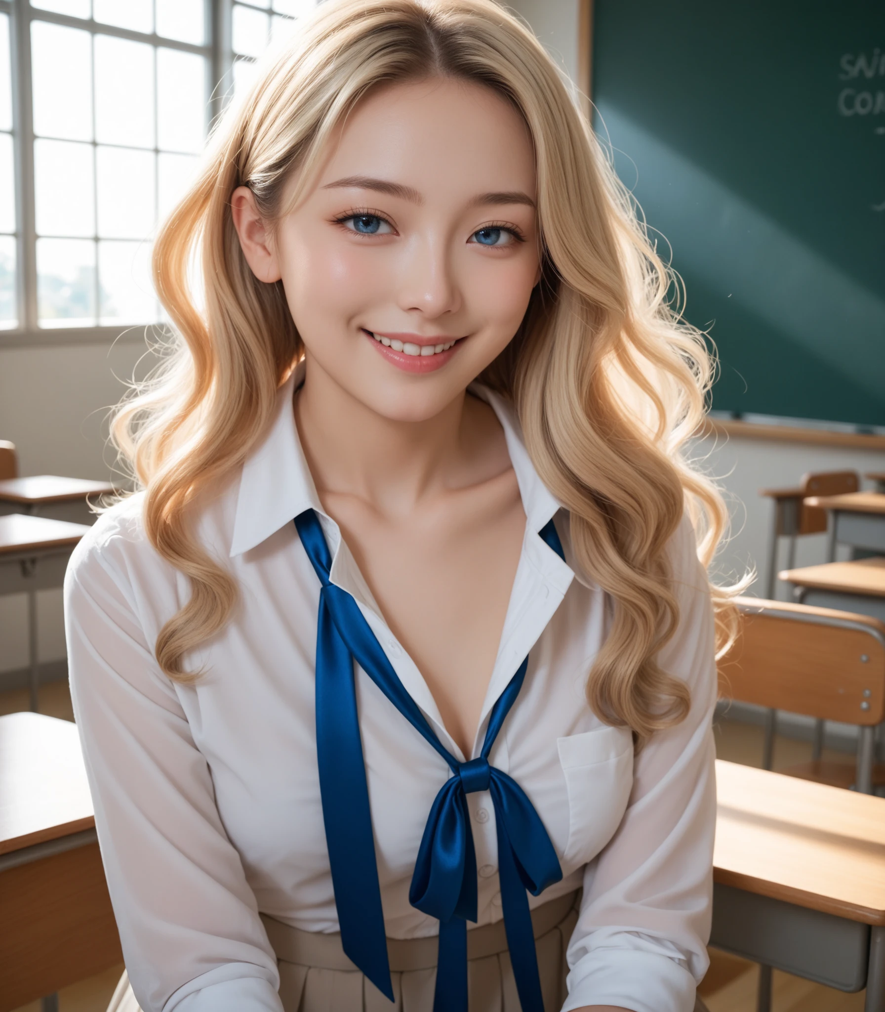 (Best Quality, Hyper Real, Ultra HD), Front Angle, Blonde Sitting at Desk Chair, White Shirt Wearing, Nogizaka 46, Cleavage, Slender, Glossy, Beautiful, Beautiful Eyes, Smile Expression, Best Skin Type, Background is Classroom