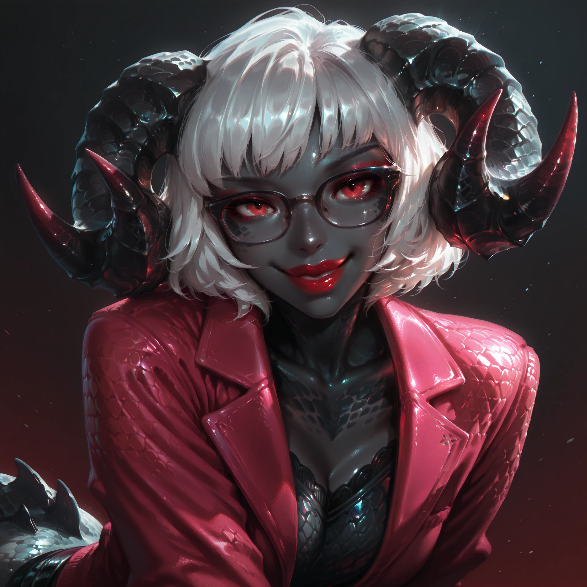 (masterpiece, best quality, dynamic lighting, smooth quality, 1girl, black skin, sheep horns, dark grey skin, lizard-scale skin, short hair, white hair, bangs, red eyes, puffy lips, red lipstick, glossy lips, seductive makeup, glasses, wearing tiny pink jacket with fur, upper body, simple red gradient background, complementary colors, confident expression, looking at viewer, smiling, seductive pose)