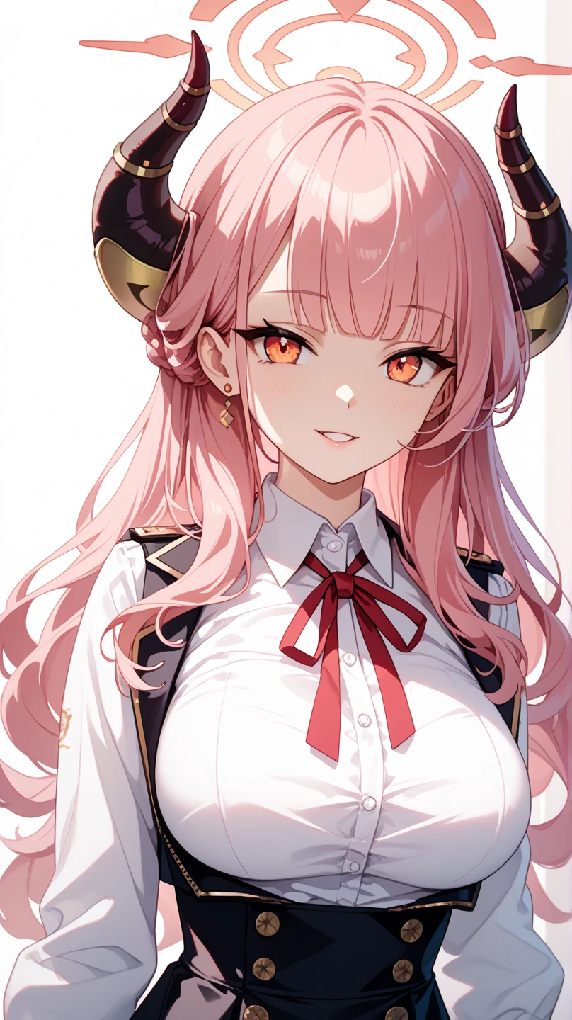 {{aru (blue archive)}}, orange eyes, long pink hair, brown demon horns, pink halo, large breasts, collared shirt, white shirt, red neck ribbon, long sleeves, high-waist skirt, black skirt, shirt tucked in, white gloves, simple background, white background, ,1girl, solo, full body, from front, facing the front, looking at viewer, straight-on, close to viewer, year 2023,,very aesthetic, best quality, amazing quality, ,curated, illustration, highly detailed, game cg, cinematic light, dramatic lighting,