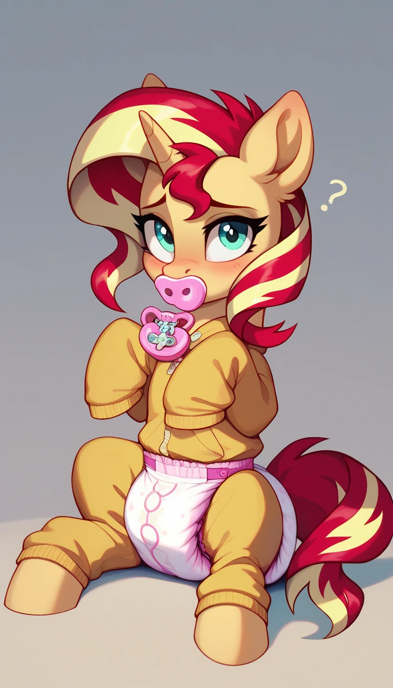 Female pegasus pony, brown fur, red hair, green eyes, green polka dot bandanna in hair on head, white feathers on wings,  large crotchboobs, fishnet stockings, bulge in throat , standing, deepthroat blowjob, lustful facial expression