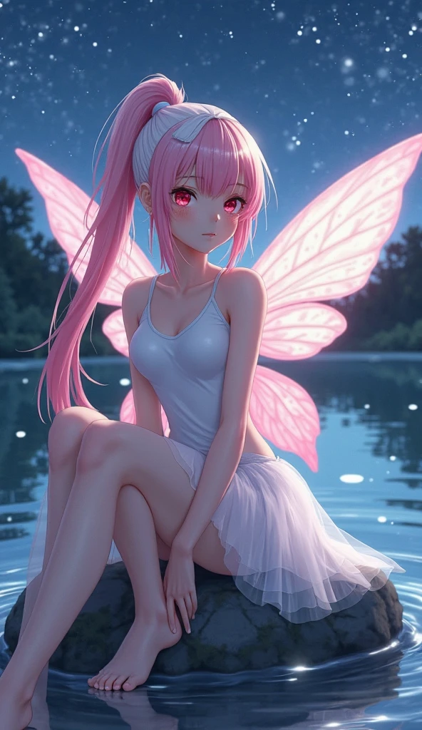 glowing, colorful, neon, and creepy (anime) adult
fairy female with pup ears, eyes glowing. she is
wearing a flower swimsuit. looking at the
camera with seductive smolder. she is barefoot,
perfect feet, shiny skin, and has tattoos on arms
and legs. flowers and butterflies. creepy cute.
splatters of paint on skin. enticing anime
drawing with a lot of detail, black background
