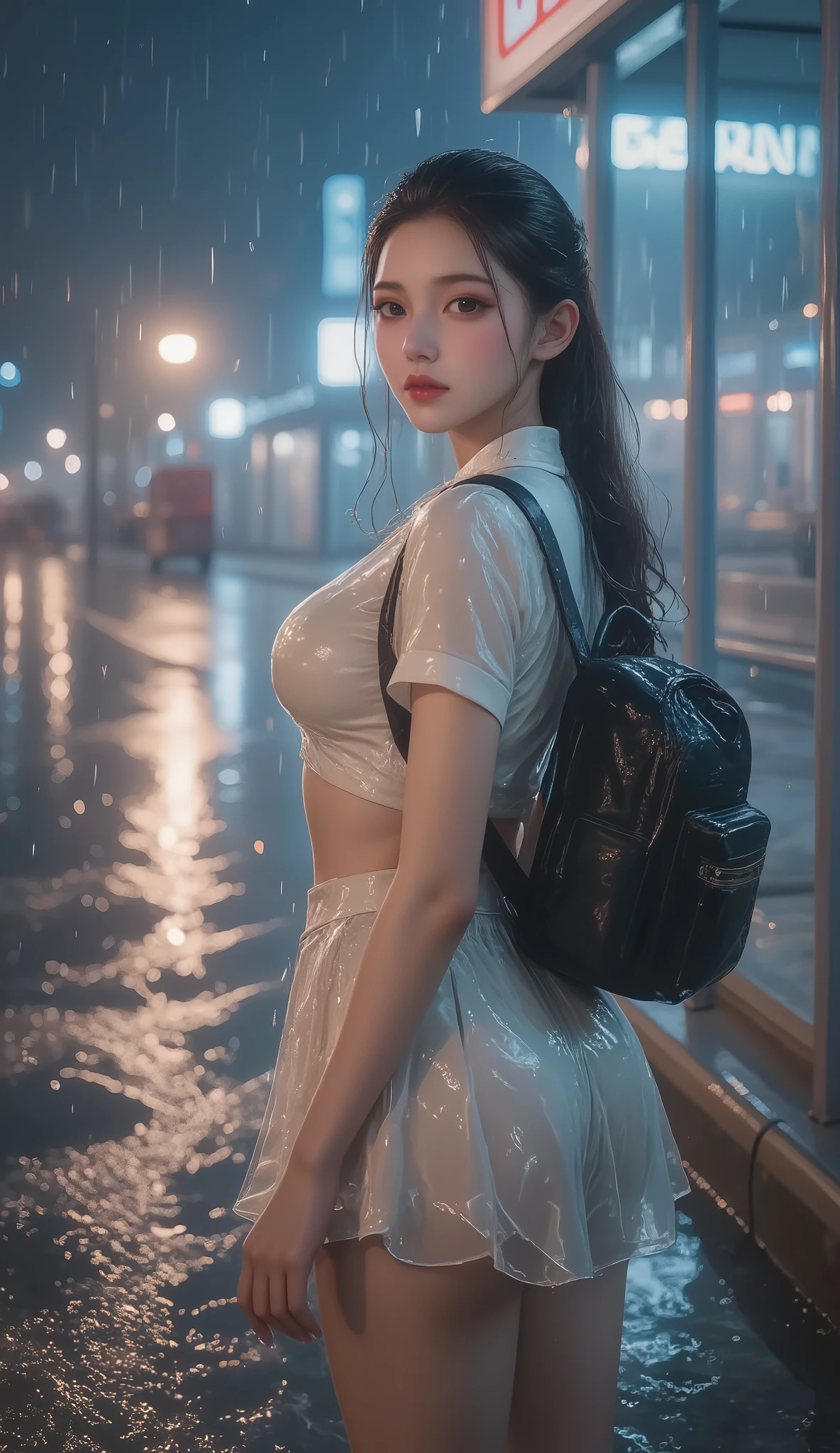 NSFW, TOP QUALITY , HD, 16k, unbelievably ridiculous , very well detailed, 2.5D, Delicate and Dynamic , beautiful woman, attractive smile , busty high school girl , uniform、 sailor suit、、 , backpack, , glitter effect, ((It's raining:1.3))、((My clothes get wet in the rain、and I can see through my underwear:1.7))、 Waiting for the Bus at the Bus Stop , ((Big puddle、Reflected in a puddle:1.8)