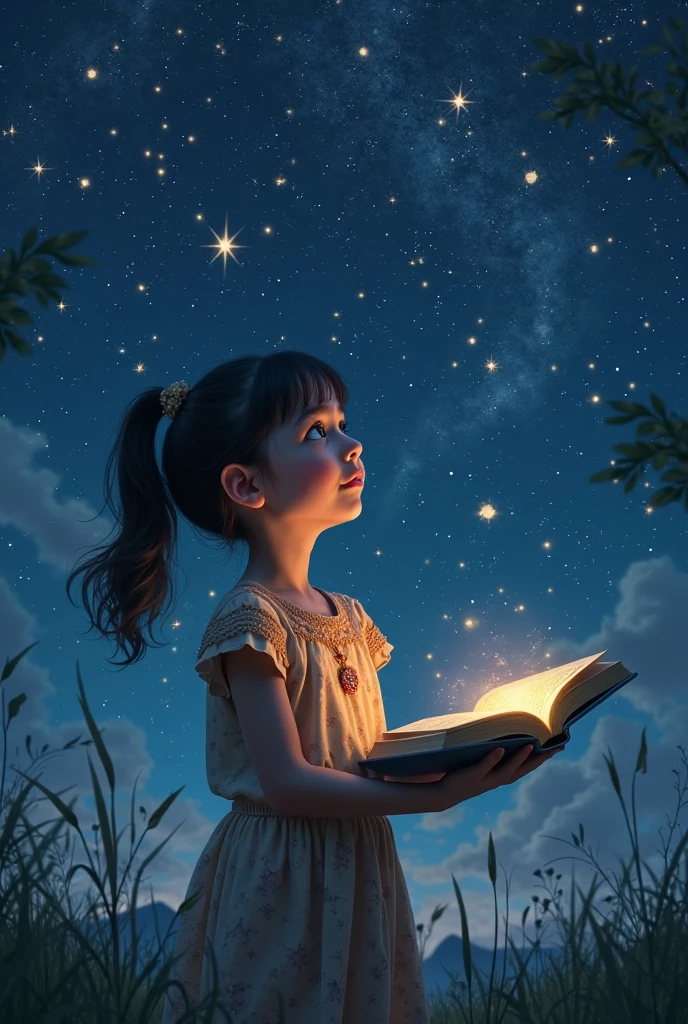Little girl sitting in starry sky reading colorful shining book, Rainbow color space nebula sky background, Stars, intergalactic