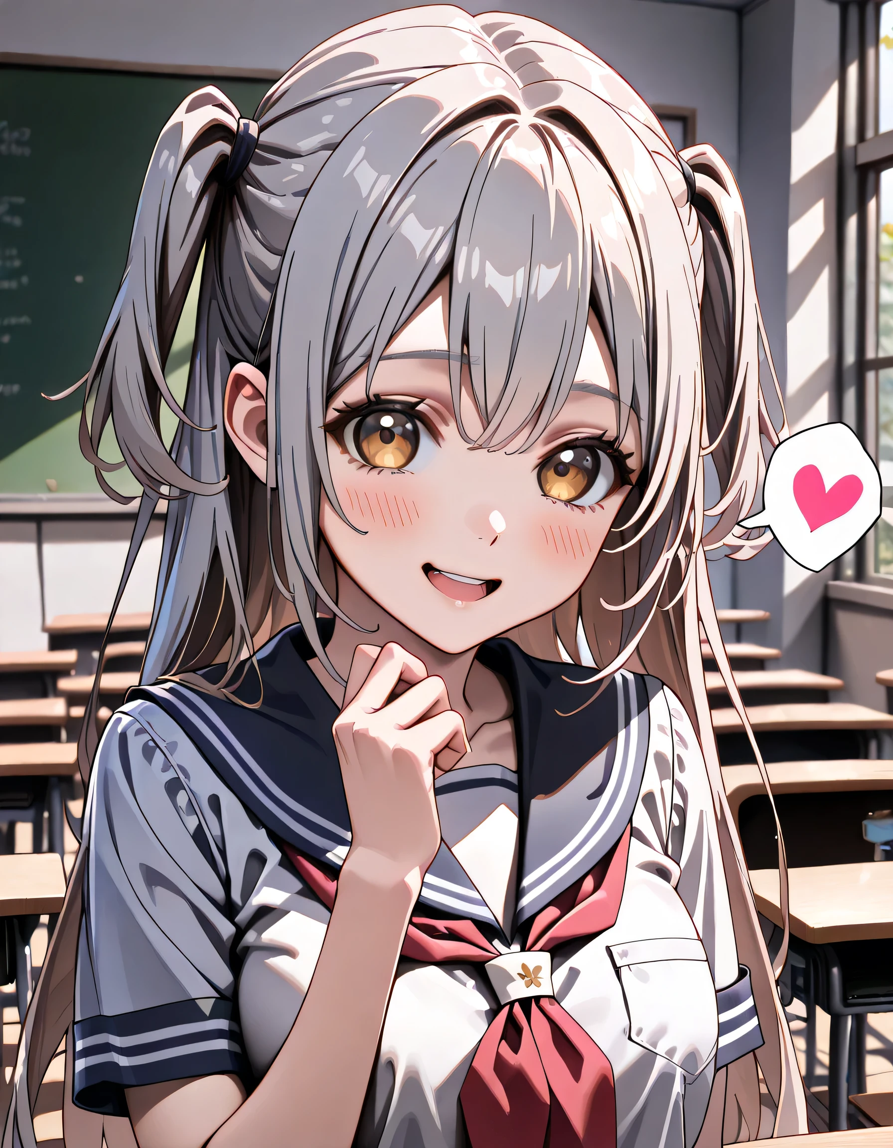 ((ultra-detailed)), (highly detailed CG illustration), (best quality:1.2), ultra-highly detailed, colorful composition, artistic photoshoot, 1girl, solo focus, ((upper body:1.4)), moe anime character, girl, dainty facial structure, (bab(round face), ((rounded chin:1.2)), celia-default, celia claire, (blue eyes), ((silver hair color)), ((two side up hair)), ample breasts, school uniform, sailor suit, traditional Japanese style with navy blue and white colors, ((happy:1.5)), ((joyful:1.5)), ((laughing:1.4)), ((blush:1.4)), ((looking viewer)), ((spoken heart:1.4)), ((standing in the classroom)), from front, best quality, masterpiece, expecting, pink cheek, blush, light pink gloss slip, portrait, depth of field, soft lighting, sidelighting, (shine), lighting, caustics, ray tracing, smile, perfect face, lustrous skin, highly detailed face, highly detailed eyes, perfect face, perfect nose, perfect hair, perfect eyes, perfect anatomy, beautiful hair, beautiful small face, extremely detailed face, beautiful detailed eyes, beautiful clavicle, beautiful body, beautiful ample breasts, leavage, breasts squeezed together, equalize the size of the left and right breasts, beautiful thin thighs, beautiful legs, beautiful fingers, 4 fingers, 1 thumb, lovely, (very detailed background:1.0), (highly detailed background:1.0), spring aesthetic, intricate details, joyful atmosphere, spring colors palette, chromatic aberration