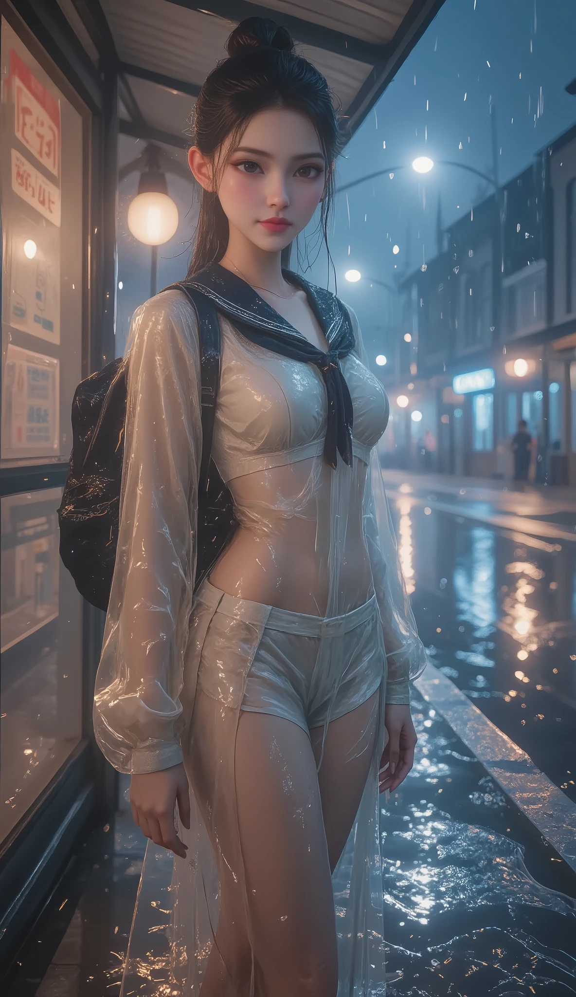 NSFW, TOP QUALITY , HD, 16k, unbelievably ridiculous , very well detailed, 2.5D, Delicate and Dynamic , beautiful woman, attractive smile , busty high school girl , uniform、 sailor suit、、 , backpack, , glitter effect, ((It's raining:1.3))、((My clothes get wet in the rain、and I can see through my underwear:1.7))、 Waiting for the Bus at the Bus Stop , ((Big puddle、Reflected in a puddle:1.8)