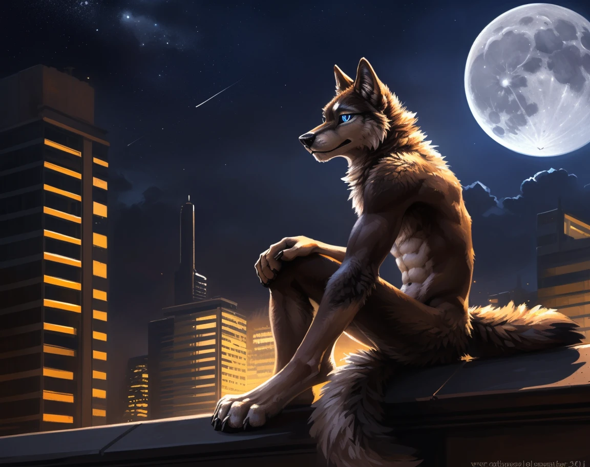 ((Solo)), male people, anthro wolf, (Multi-colored fur, White-brown:1.3), ((Wolf face, Big eyes, White eyelids, Blue pupil, Slim:1.2) (Tough, Calm expression:1.2)), (Height 2.1 meters,Tail length 1.5m), Abs, Slim, pinging, (Correct anatomy), (Contour bone:1.2), The upper body is naked, (detailed outfits), a long large tail,Feet,(Realistic fur, Detailed fur texture, labeled:1.3)), (Natural lighting), Photorealistic, Hyperrealistic, ultradetailed, by Kenket,In the modern city,Roof,the night,Sit alone,Look at the full moon,It was dark,Starry