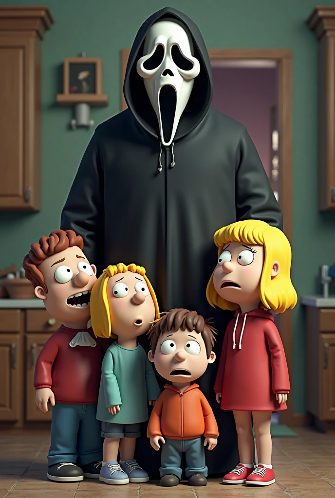 Ghostface meets family guy standing near the Griffin family adult amazing detail realistic 3D character style extremely detailed high quality hyper realistic