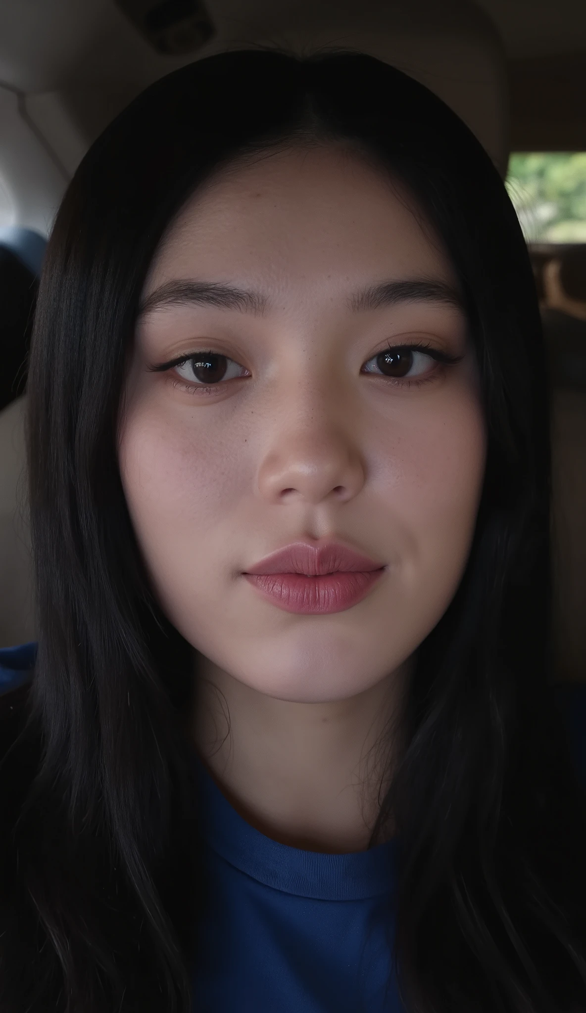 Ultra-detailed, hyper-realistic Korean idol skin, smooth and flawless texture, soft natural glow, subtle pores, delicate highlights and shadows, slight pink undertone, even complexion, perfect shading, ultra-high resolution, fine details in skin texture, high-definition rendering, realistic light reflections, gentle translucency, cinematic lighting, soft ambient occlusion, natural subsurface scattering, ultra-sharp details, no imperfections, no rough textures, no unnatural reflections, no plastic-like effect.
 (vivid smile:2.5), (natural lip curvature:2.2), (subtle cheek lift:2.3), (laughing eyes:2.3), (dimpled cheeks:2.0), (realistic shading on lips and cheeks:2.2), (ultra-detailed skin texture:2.3), (soft skin highlights:2.0), (moist lips reflection:2.1), (wrinkles near eyes when smiling:2.4), (warm and inviting smile:2.5),  (playful smirk with slight head tilt:2.2), (subtle blush on cheeks:2.1)  
 , 1 yung , Selfie,  foto tirada por uma Canon A490 (A495) ,  Korean, smile1.0, dentes alinhado, thin , squashed eyes, big eyes,  fringe separated on the right side ,  youthful appearance , black hair  , details eyes , iluminação media, Iris ,  smile, round face,  youthful appearance ,  sitting on the edge of the  ,  vintage aesthetic , cute face,  full lips,  long hair, volumoSo hair, luz media , luz Environment, agenda :night , reflexo no Environment, Environment focado,  looking for , Environment:sentada no banco do carro, dentro do carro,  
