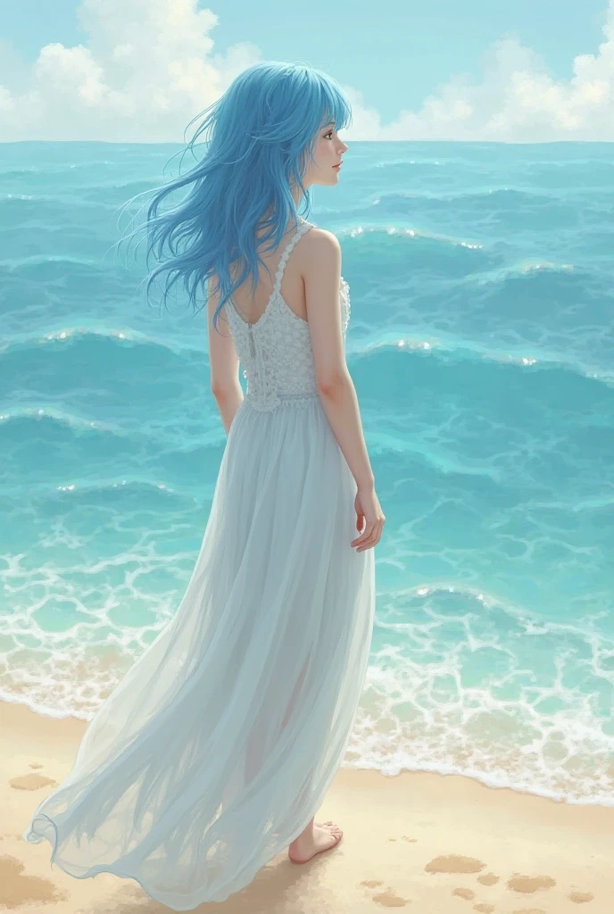 Transparent needle pen ink painting of fine white sand beach,An oriental girl with flying long hair,Fair and delicate skin.Purple gray and white highlighted hair color.long hair,Wearing a hat to reveal half of the face.Real person presents minimalist style .White thin shoulder V-neck low-cut dress,Turn your back to the lens.Looking towards the sea,barefoot.Footprints left on the beach.Full body picture,Blue sky and white clouds,Facing the sea with small waves,