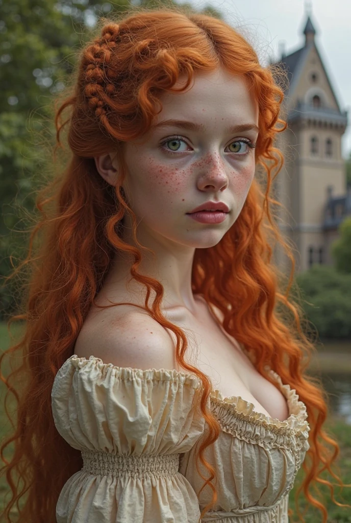 sadie sink, in la bete movie, by Walerian Borowczyk, erotic, 1girl, blue_eyes, blurry, blurry_background, braid, choker, depth_of_field, dress, earrings, eyelashes, freckles, hair_over_shoulder, jewelry, lips, long_hair, long_sleeves, looking_at_viewer, necklace, pendant, puffy_long_sleeves, puffy_sleeves, realistic, single_braid, solo, twin_braids, upper_body