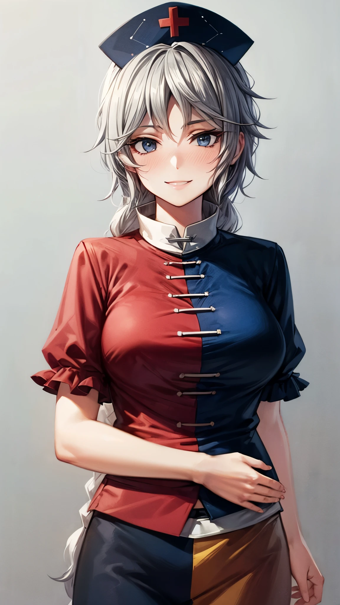 (Ultra High Quality,Ultra High Definition,16k,super masterpiece,Ultra HD , detailed shading and background,) one woman,Long silver hair, braids, Chest Valley,smile, nurse cap ,blush,Old medical room,