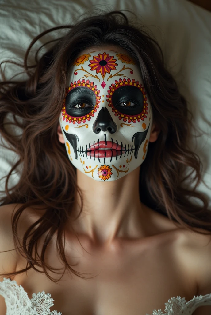 realistic photo, a japanese woman, wavy long brown hair, with sugar skull de los muertos mexican face mask is nude, prone position with hands supporting the chin, with legs lifted upwards, correct anatomy, detailed face and body, natural lighting, high resolution, photorealistic, (best quality,8k,highres,masterpiece:1.2),ultra-detailed,(realistic,photorealistic,photo-realistic:1.37),realistic skin texture,detailed eyes and lips,beautiful detailed face,long eyelashes,smooth skin,natural body shape, red blue lighting dramatic bedroom