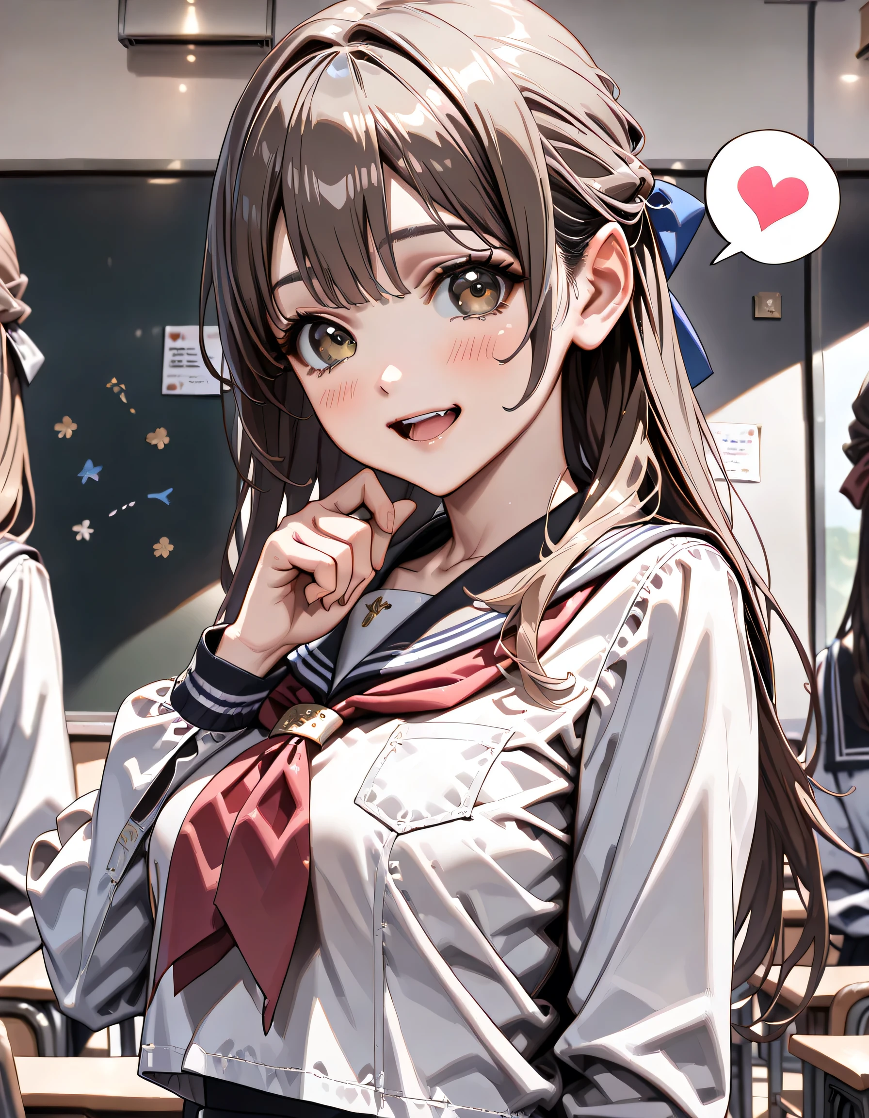 ((ultra-detailed)), (highly detailed CG illustration), (best quality:1.2), ultra-highly detailed, colorful composition, artistic photoshoot, 1girl, solo focus, ((upper body:1.4)), moe anime character, girl, dainty facial structure, (bab(round face), ((rounded chin:1.2)), celia-default, celia claire, (blue eyes), ((black hair color)), ((long hair)), ((half updo)), ((hair ribbon with red)), ample breasts, school uniform, sailor suit, traditional Japanese style with navy blue and white colors, ((happy:1.5)), ((joyful:1.5)), ((laughing:1.4)), ((blush:1.4)), ((looking viewer)), ((spoken heart:1.4)), ((standing in the classroom)), from front, best quality, masterpiece, expecting, pink cheek, blush, light pink gloss slip, portrait, depth of field, soft lighting, sidelighting, (shine), lighting, caustics, ray tracing, smile, perfect face, lustrous skin, highly detailed face, highly detailed eyes, perfect face, perfect nose, perfect hair, perfect eyes, perfect anatomy, beautiful hair, beautiful small face, extremely detailed face, beautiful detailed eyes, beautiful clavicle, beautiful body, beautiful ample breasts, leavage, breasts squeezed together, equalize the size of the left and right breasts, beautiful thin thighs, beautiful legs, beautiful fingers, 4 fingers, 1 thumb, lovely, (very detailed background:1.0), (highly detailed background:1.0), spring aesthetic, intricate details, joyful atmosphere, spring colors palette, chromatic aberration