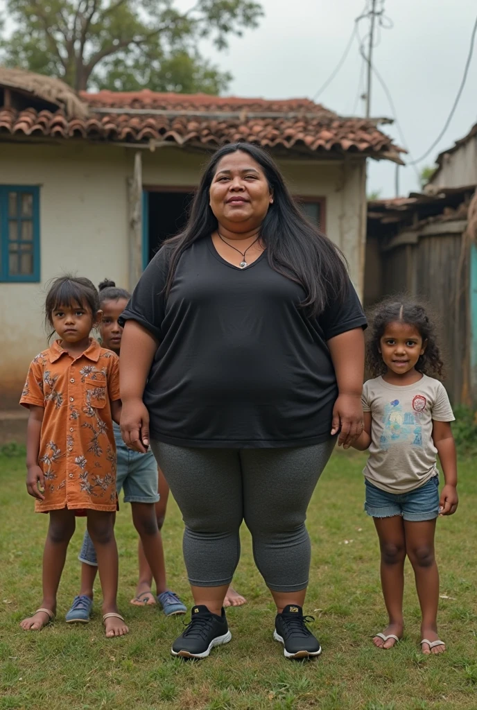 Analog photo from the 90's of a mulatto pregnant 49 year-old woman wearing black shorts smiling at the camera on the top of a brazilian favela, vegetation, palms, cloudy sky, sweaty skin