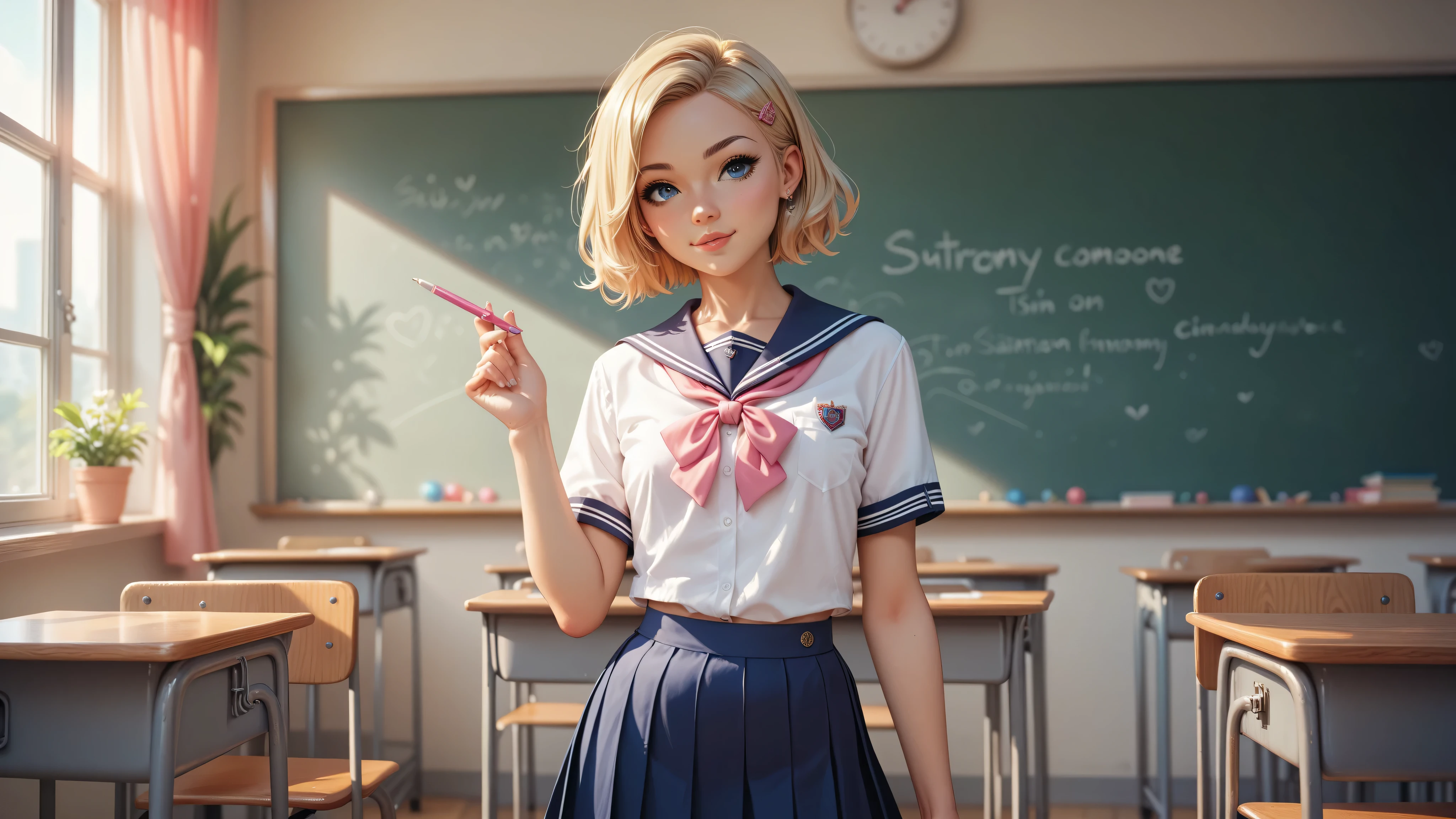 1girl, solo, single girl, young girl, Standing in a classroom, Cute blonde girl wearing revealing pink high-school uniform in classroom, sexy, petite, blue eyes, popular girl, standing in front of the chalkboard,