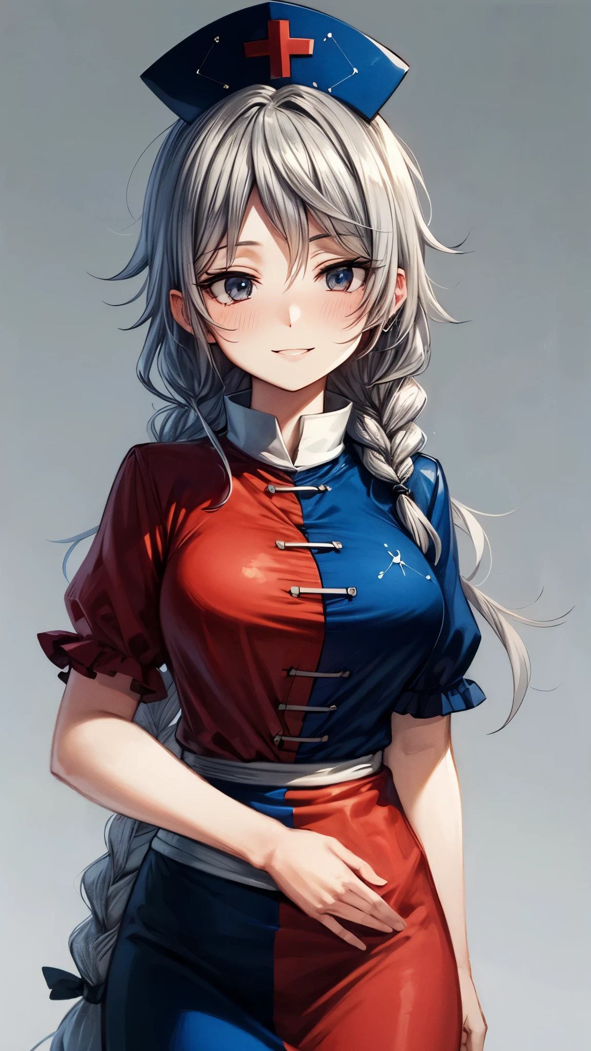 (Ultra High Quality,Ultra High Definition,16k,super masterpiece,Ultra HD , detailed shading and background,) one woman,Long silver hair, braids, Chest Valley,smile, nurse cap ,blush,Old medical room,