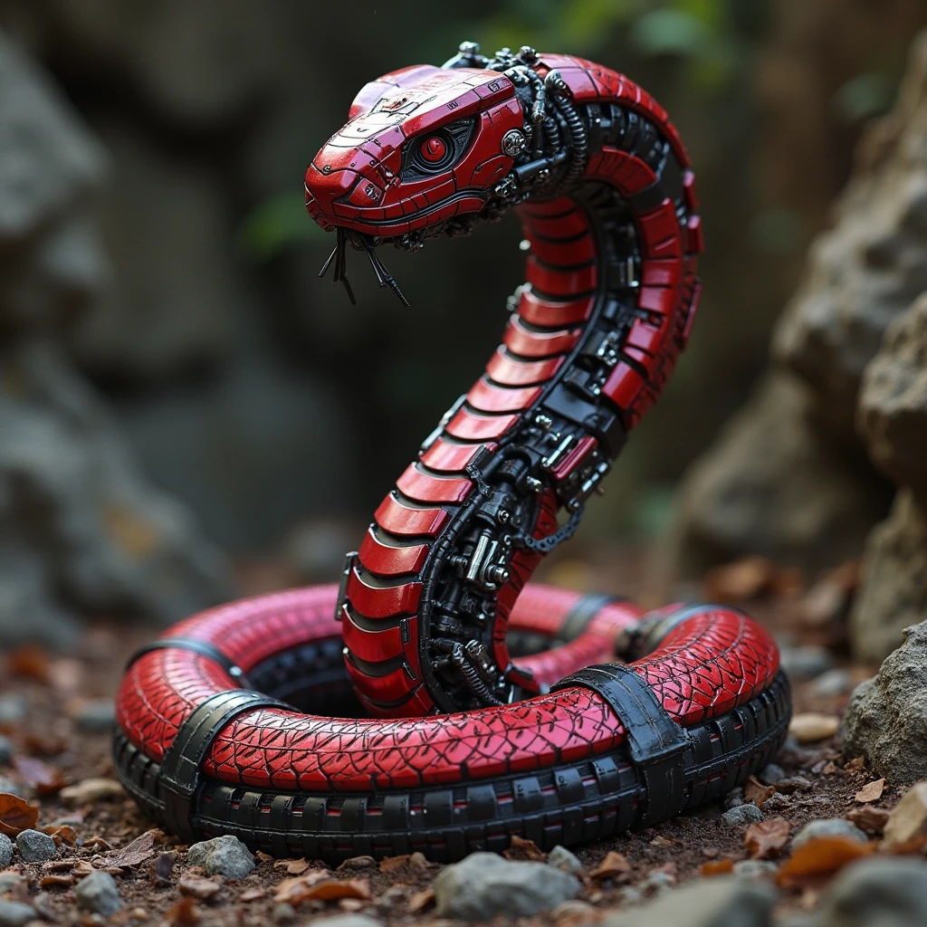 A snake with the combination of red black blue in a robot type suit 