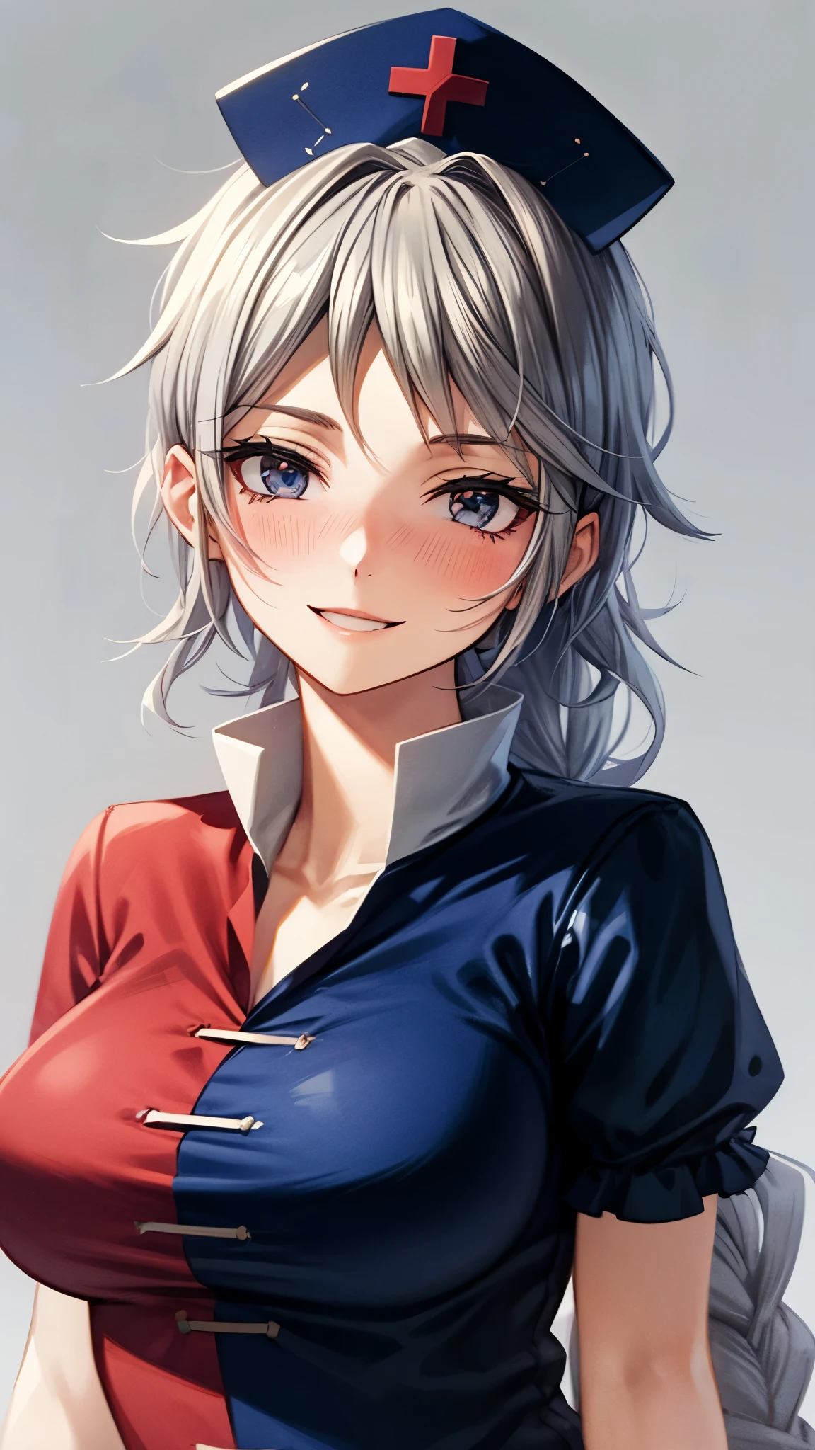 (Ultra High Quality,Ultra High Definition,16k,super masterpiece,Ultra HD , detailed shading and background,) one woman,Long silver hair, braids, Chest Valley,smile, nurse cap ,blush,Old medical room,