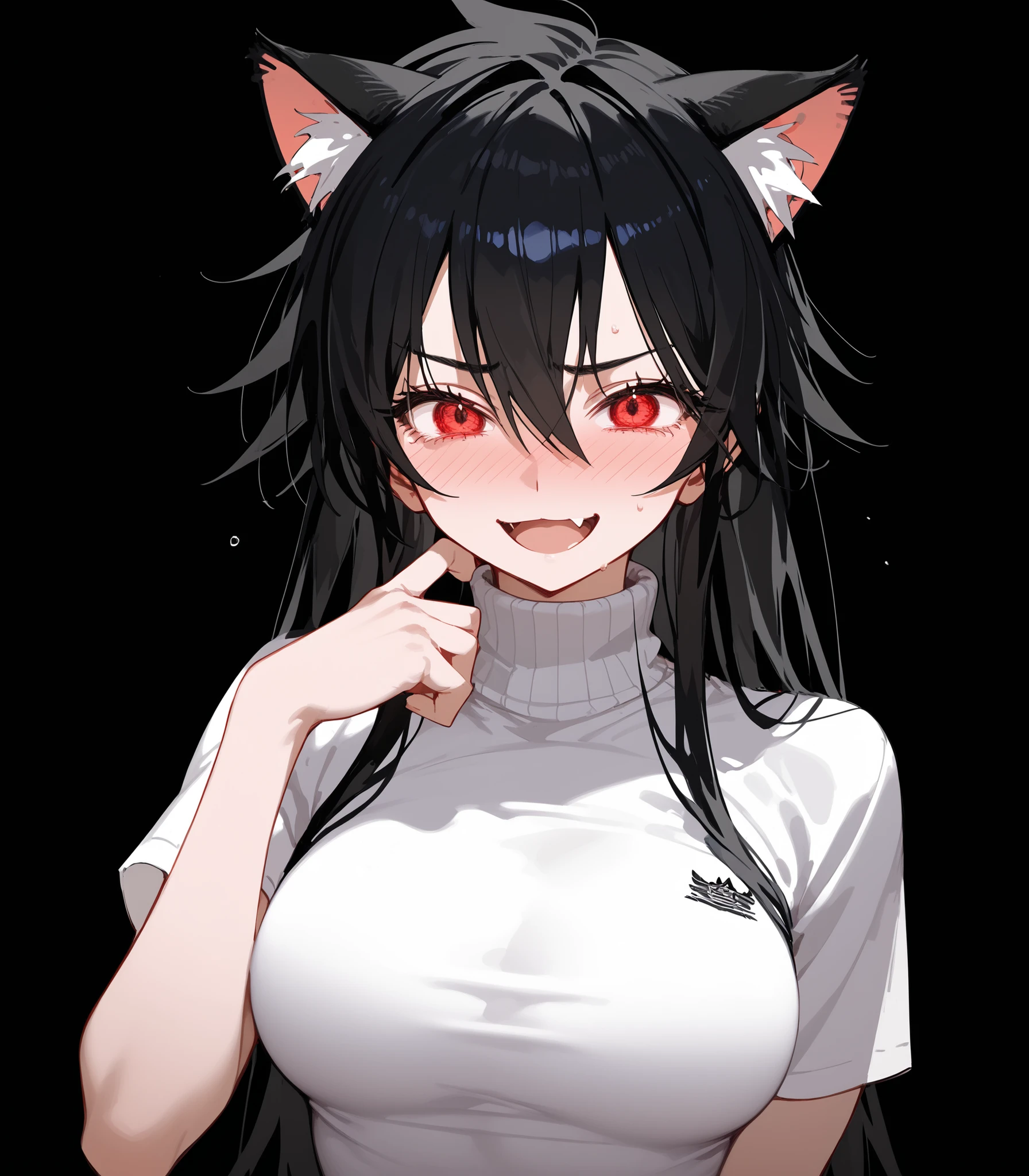 girl, Tomboy, black hair, in red eyes , long hair,Fierce face,fit, Slim , dark edges,student,big breasts,Sharp eyes,Cat ears,, shy ,,standing,I'm so embarrassed.,Shy, turtleneck ,fit,Open your mouth,shout, short-sleeved shirt ,smile,black background,