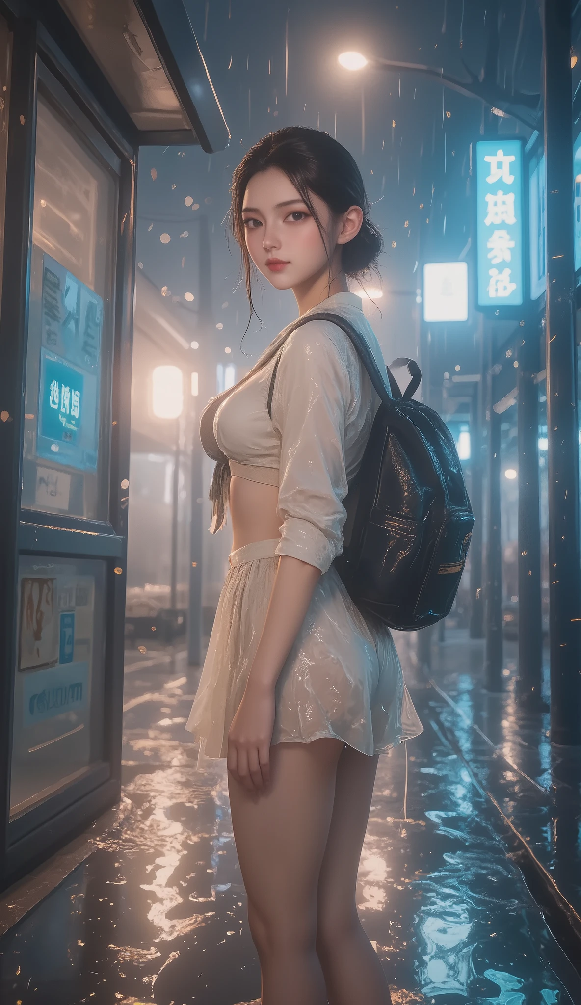 NSFW, TOP QUALITY , HD, 16k, unbelievably ridiculous , very well detailed, 2.5D, Delicate and Dynamic , beautiful woman, attractive smile , busty high school girl , uniform、 sailor suit、、 , backpack, , glitter effect, ((It's raining:1.3))、((My clothes get wet in the rain、and I can see through my underwear:1.7))、 Waiting for the Bus at the Bus Stop , ((Big puddle、Reflected in a puddle:1.8)