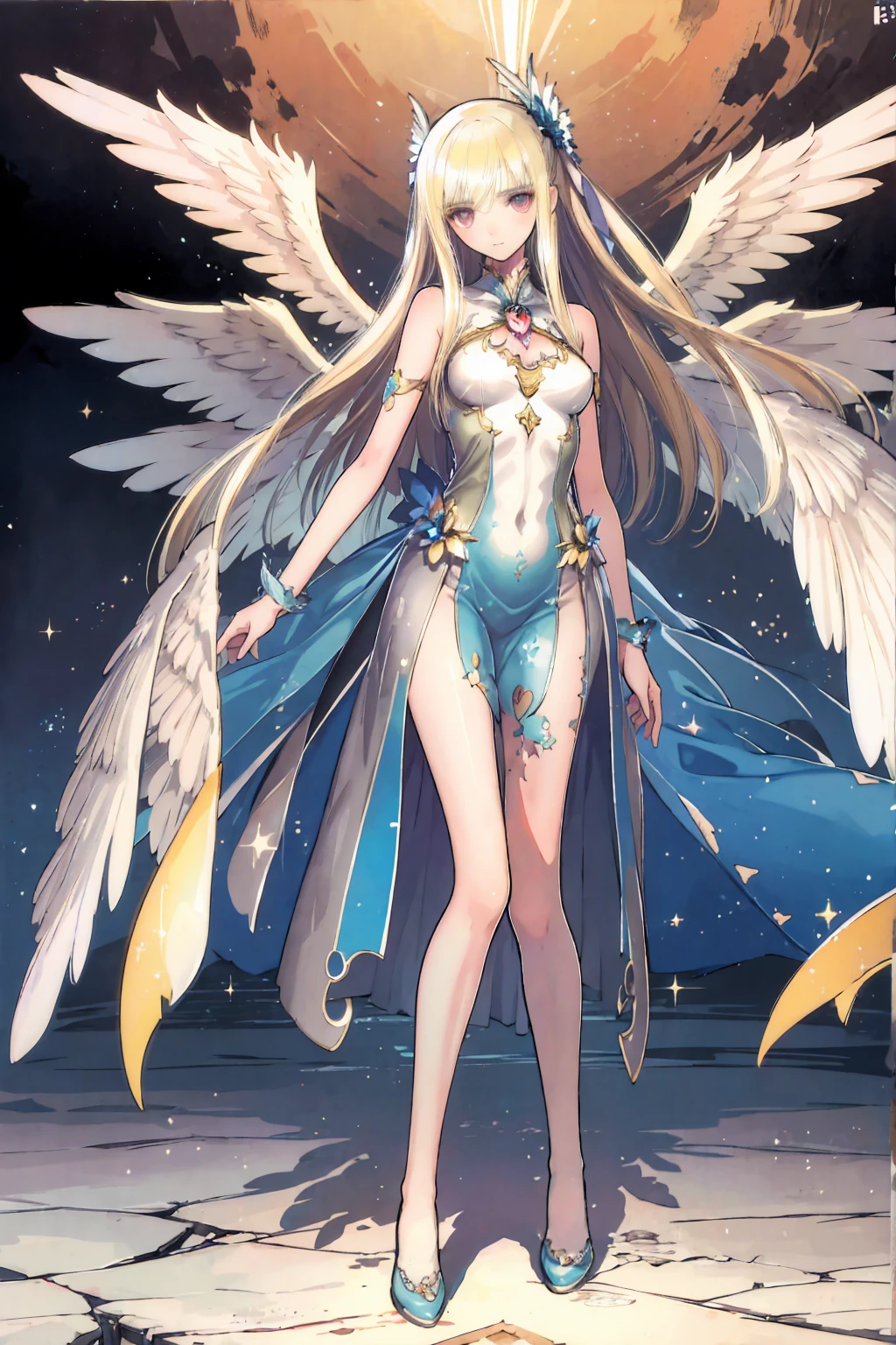 (masterpiece, incredibly absurdres, highres, best quality, official art, beautiful and aesthetic:1.2), one girl, angel Descending, (kaleidoscope:1.2), stained glass, Greek, front view, from below, full body, (angel feather wings), (happy), (vivid), floating colorful feather