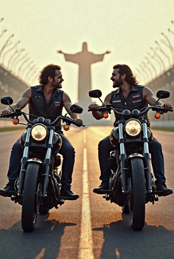 Two cat brothers　A member of a motorcycle team riding an American bike　Macho body　He has an outlaw vibe and is good at fighting.　There is a tattoo on his arm　
