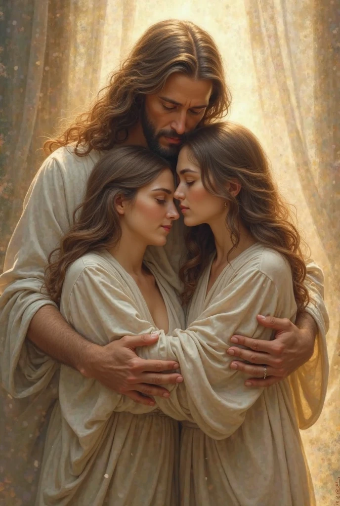 brown haired woman hair on shoulder wearing glasses full mouth brown eyes medium nose on god&#39;s lap on jesus&#39; shoulders 