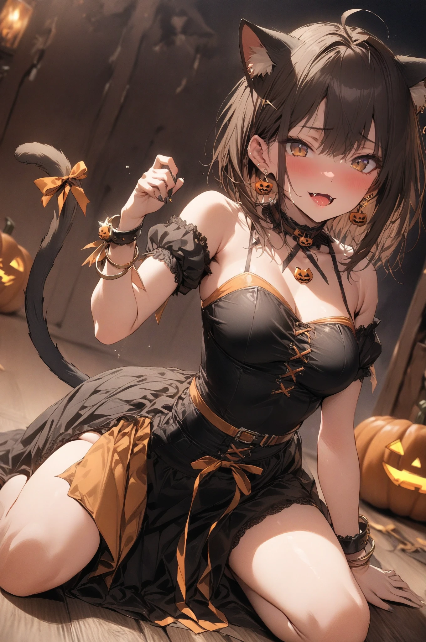 highest quality、full finger、Slender beauty、ponytail woman、brown haired woman、medium hair woman、(beautiful big breasted woman:1.3)、Halloween Scenery、halloween costume、((Black and orange bra))、((Black and orange bloomers) )、naughty pose、big smile