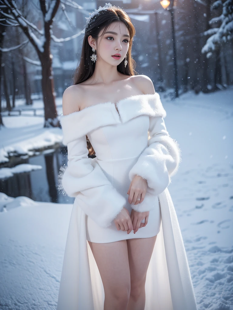 ((masterpiece, highest quality, Highest image quality, High resolution, photorealistic, Raw photo, 8K)), ((Extremely detailed CG unified 8k wallpaper)), (huge stunning goddess shot, very hot and sexy, jaw-dropping beauty, perfect proportions, beautiful body, slim body beauty:1.4), Chinese girl, A girl dressed a skirt-dress stands in the snow, wearing a black mini-dress with white fur trim,