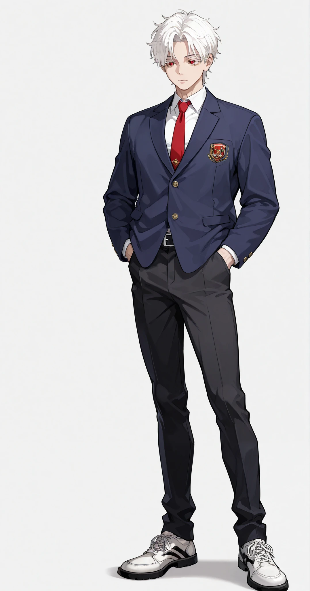1 boy, fit, handsome, wavy white hair, middle part hair, under cut, short hair, neutral face, middle part hair, defined red eyes, white eyelashes, fit body, muscular body, Latino, light skined, high school uniform, red tie, dark blue jacket, belt, black pants, standing, white leather shoes, hands in pocket, full body, plain white background
