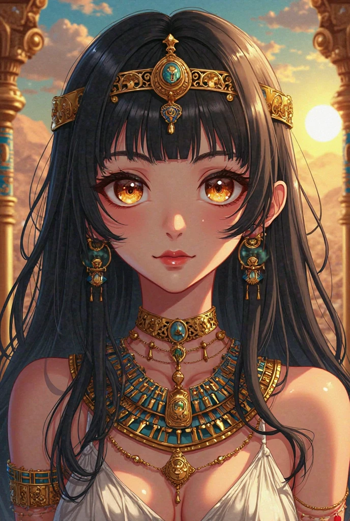 ((best quality)), ((masterpiece)), (detailed), perfect face, cleopatra, 18 year old, sexy egyptian princess, dark skin tone, black and brown hair, cat ears, gold bra, gold thong, glitter, senual, teasing, black stockings, godess, wide hips
