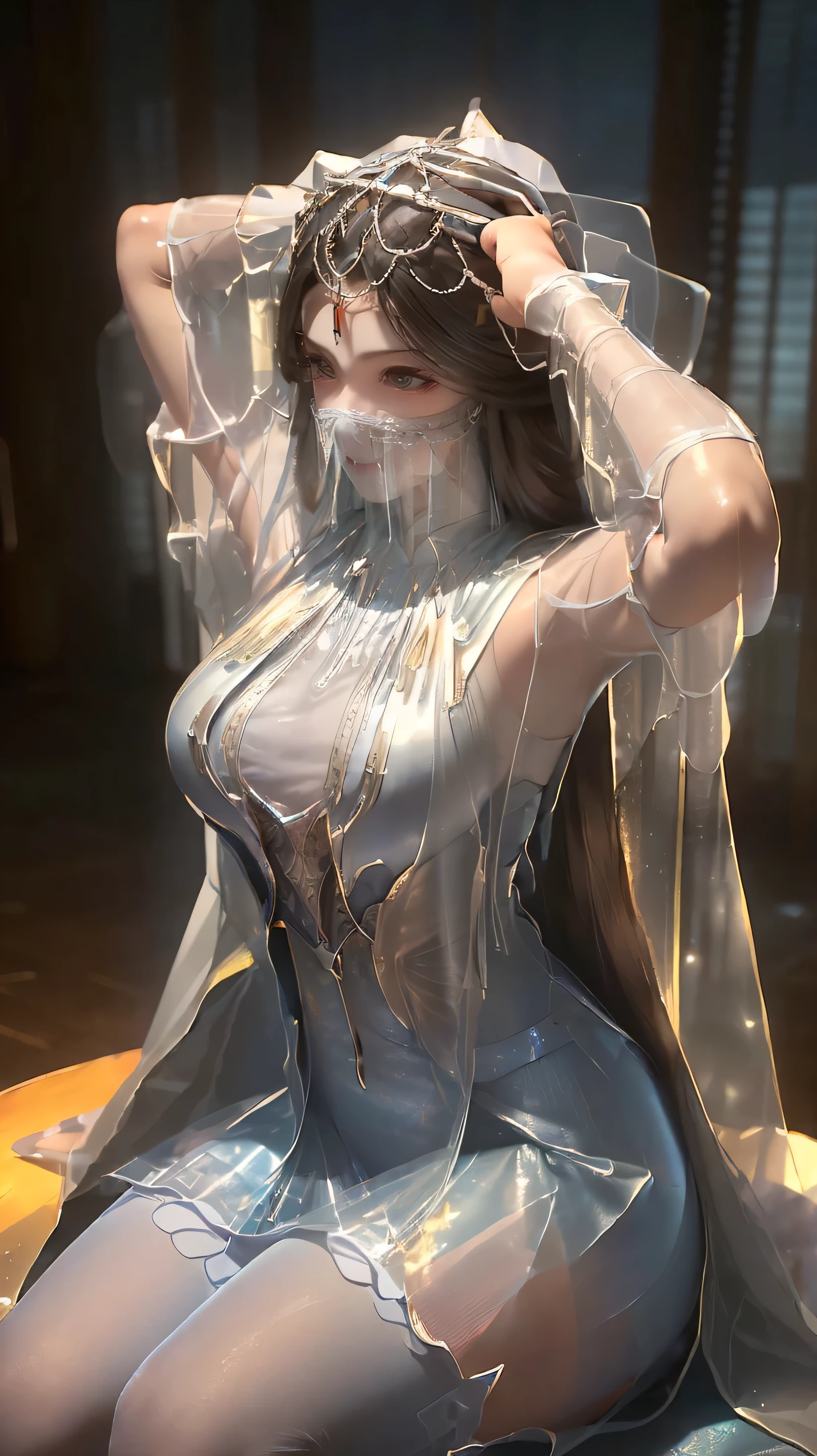 (((1 girl)),Ray tracing,(Dim Lights),[Detailed background (bedroom)),((Slim Girl))) Starry sky background,((((Girls wear dresses, With transparent stockings), Show off your exquisite figure and graceful curves, correct limbs, Sitting on the bed,Put your hands behind your head, Put your hands behind your head,With a translucent veil,((The face is covered with a veil))