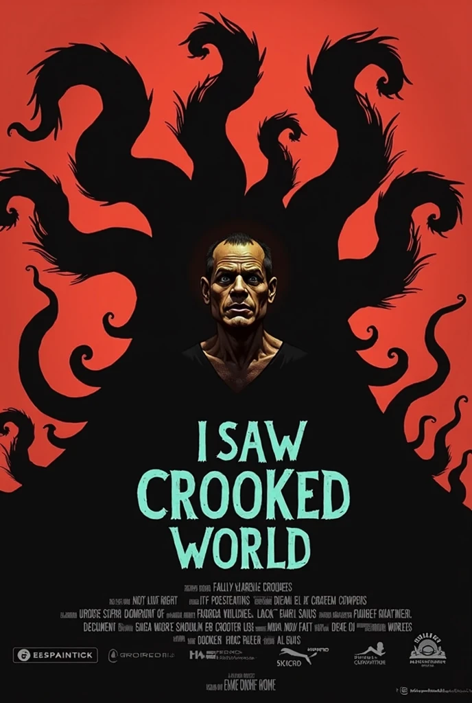  Create poster art in the style of an 80s horror movie for the book with the following synopsis : **I Saw the Crooked World"

He was once famous, Power and influence. agora, all that remains is a ruined reputation and the obsession with one last major news hole. When fallen journalist Samuel Vasques returns to Bom Paraíso, his hometown to investigate the mysteries of Fazenda Siqueira, he discovers something that should never have been found: a rift to a world beyond comprehension.

In Crooked World, nothing is as it should be. The houses fold at impossible angles, the light has an unhealthy glow and a river as red as blood cuts through Infernal Landscape. Samuel crosses the rift more times than he should... until, on one of those trips, he falls into the river.

agora, something is wrong with him. His skin peels, Your eyes burn in the sunlight and an insatiable hunger grows inside you. Little by little, is transformed into something that shouldn't exist - a creature deformed by the thirst for human blood.

But Samuel is not alone. There are others like him. And the Crooked World wants more.
