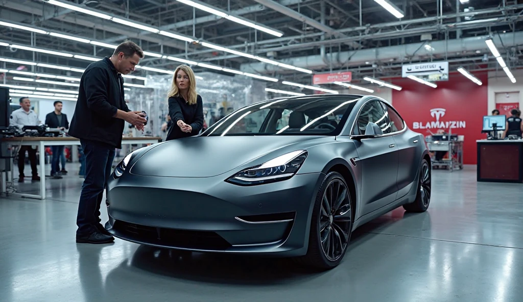 rich woman infront of a tesla