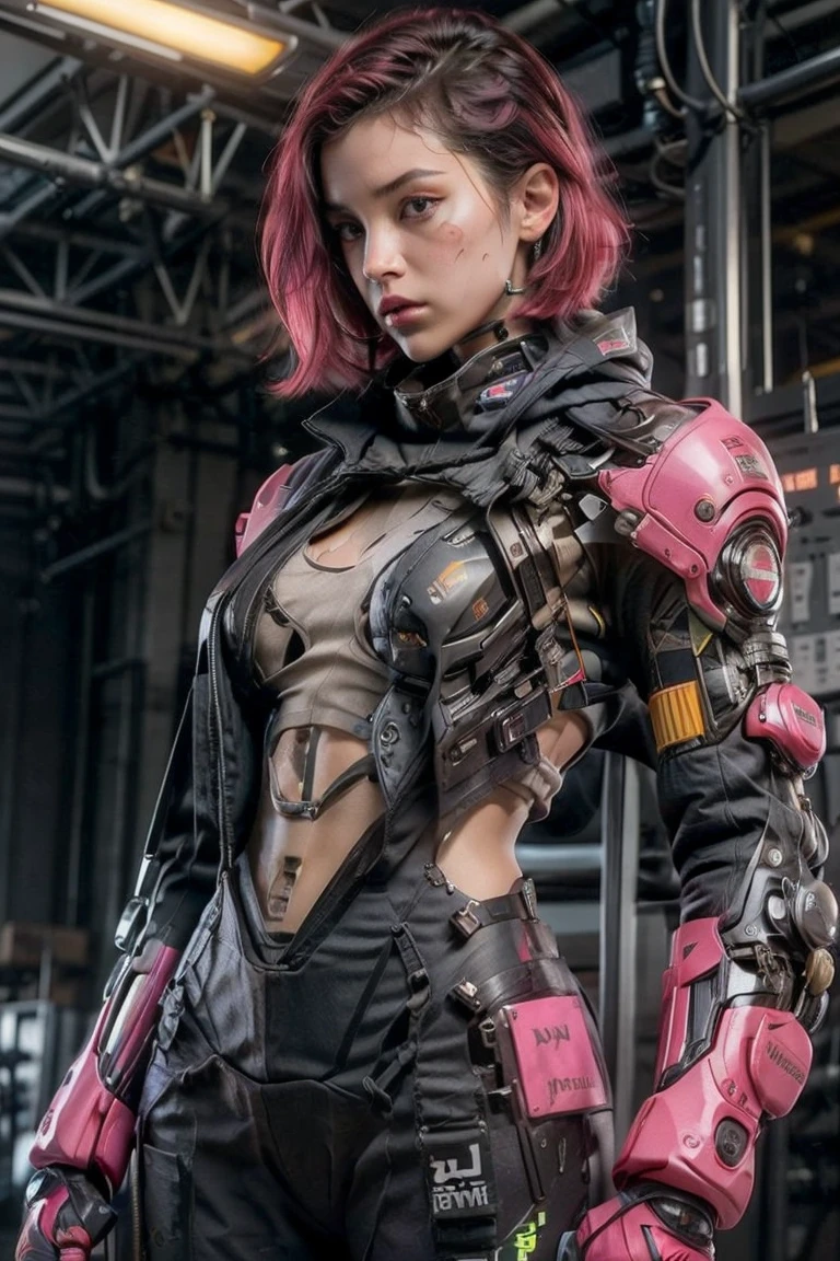 (best quality,highres:1.2),ultra-detailed,physically-based rendering,(realistic,photorealistic,photo-realistic:1.37),futuristic,sci-fi,concept artists,body armor,technological clothing,defined thick thighs,thigh-high boots,perfect breasts,generous neckline,black and red mohawk hair,short underwear,garter belt,vivid colors,sharp focus,studio lighting