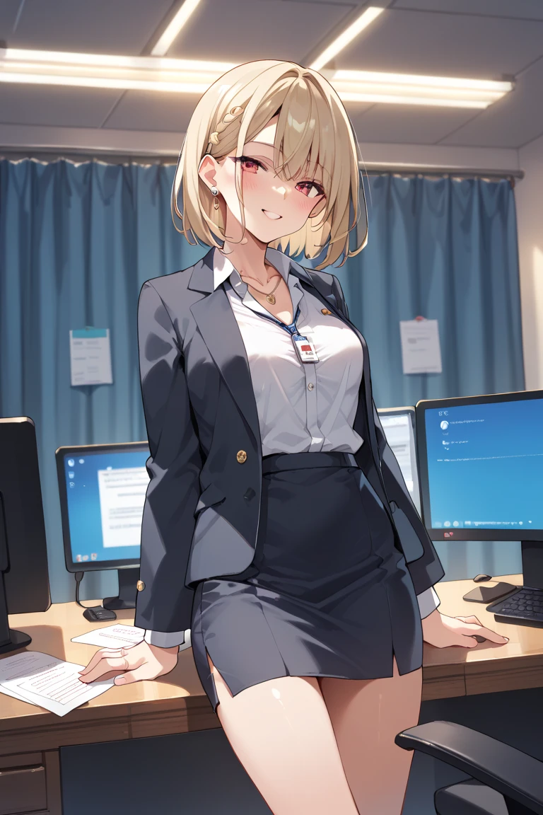 tall body, tall, long legs, mature female, mature, adult, EFT_Foodwars_Alice, 1girl, solo, necktie, short hair, red eyes, , striped necktie, upper body, shirt, red necktie, sweater, striped, white hair, big breasts