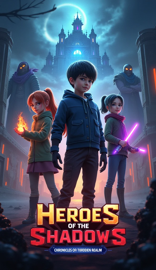 An eye-catching YouTube banner featuring the main heroes of Heroes of the Shadows: Chronicles of the Hidden Realm. The scene shows Kai, a fearless young hero with the power to manipulate shadows, standing at the forefront with his teammates—Lia, controlling flames, Rei, manipulating time, and Ash, holding a futuristic tech gadget. The background is a blend of an ancient, mystical academy and a dark, stormy sky, symbolizing the battle between good and evil. The villains, Magnar and Seraphina, lurk in the shadows, their sinister forms barely visible, with glowing eyes. The academy is in the distance, with a sense of both danger and hope. The characters' powers are glowing vibrantly, creating a dynamic and exciting atmosphere, while the title Heroes of the Shadows is prominently displayed in bold, action-packed font. The overall composition should feel dramatic, suspenseful, and adventurous, drawing viewers into the story.