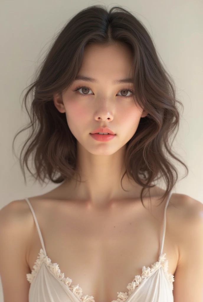 Thin strap camisole、hot pants、Pink sheer clothes、Look slim、(Short brown hair:1.2), (Dark blue eyes:1.3)、Fine grain、Detailed face、Fine skin、Sidelong glance、Narrow eyes、Gentle expression、Casual Background、Mole under the eye、