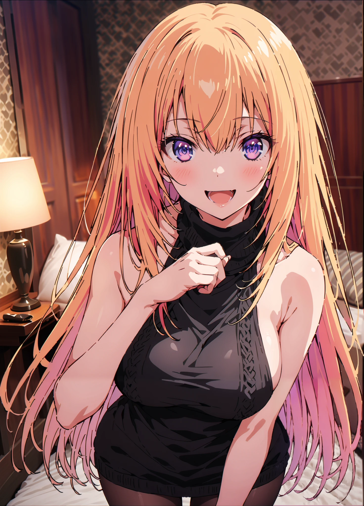 score_9, score_8_up, score_7_up, source_anime,
What is the name of honamiichinose , Ichinose Honami, long hair, blond hair, purple eyes, hair between eyes,Big Breasts,smile,blush,opens her mouth,Virgin Killer Sweater, Naked Sweater, sweater dress, Open back clothing, turtleneck sweater, backless dress, sideboob,black pantyhose, bed with my thighs, Interior , beautiful night view with depth,full bodyがイラストに入るように,
break indoors, bedroom,
break looking at viewer,full body,
break (masterpiece:1.2),Highest quality , kampala, Unity 8K Wallpaper ,(shape:0.8),( fine, beautiful eyes :1.6),It's a person ,full body写真,CG Details , (perfect hands, complete anatomy),