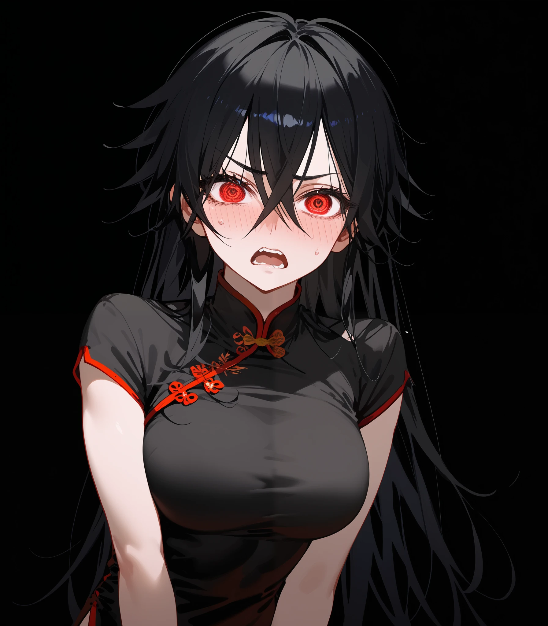 girl, Tomboy, black hair, in red eyes , long hair,Fierce face,fit, Slim , dark edges,student,big breasts,Sharp eyes,, shy ,,standing,I'm so embarrassed.,Shy, turtleneck ,fit,Open your mouth,shout, short-sleeved shirt ,black background,Cheongsam