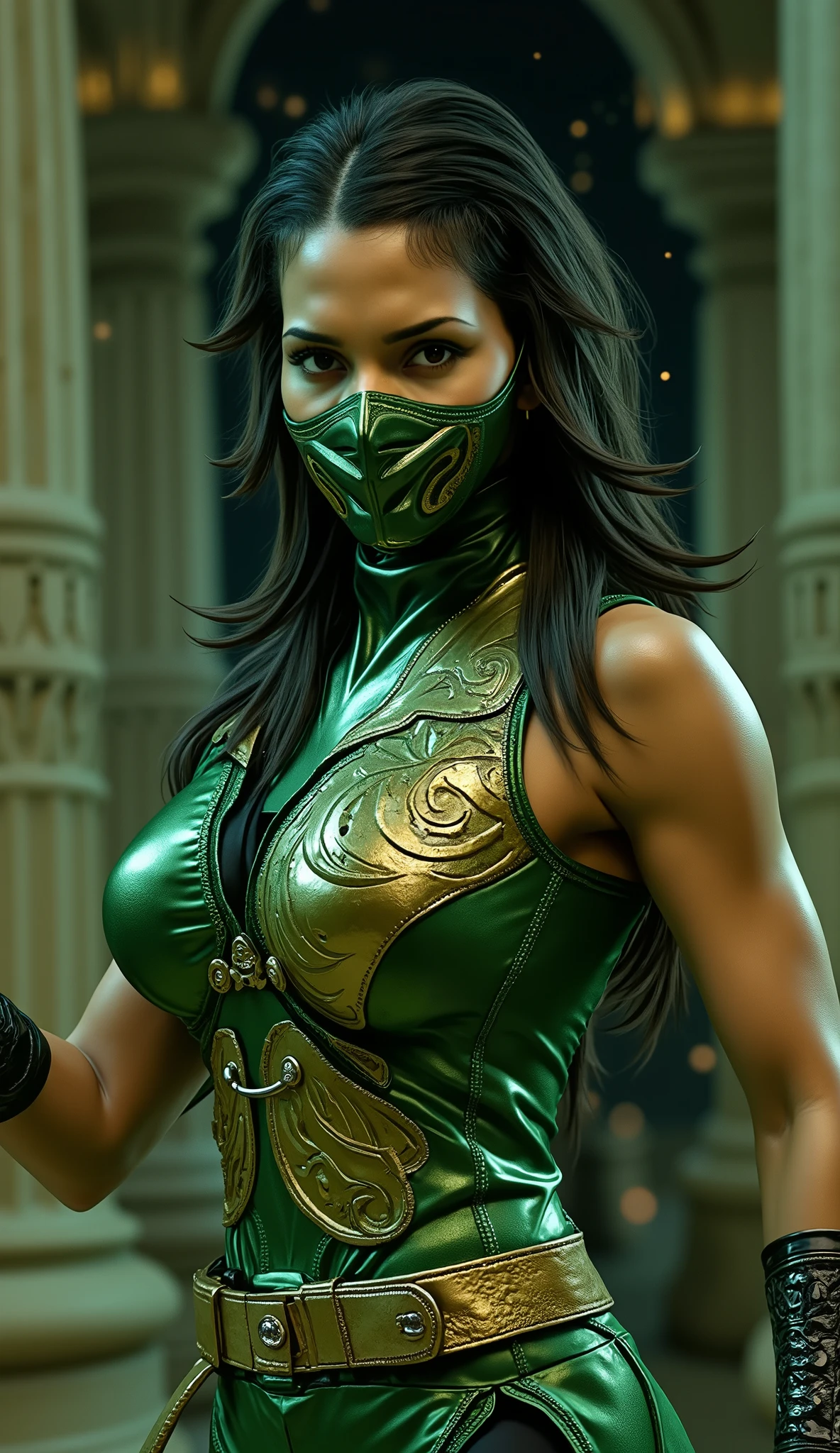  Here is a detailed prompt to generate an image  ** super realistic** da Halle Berry como **jade**, with a shiny metallic green costume and mask, focused on the upper body:  

---  
**"Close-up hiper-realista da Halle Berry como jade, the agile and lethal killer of * mortal kombat*. She is in a dynamic and combat-ready pose, holding her signature combat stick, com uma Expressão confiante e focada. jade veste um traje tradicional reinterpretado com elementos futuristas: shades of bright metallic green, intricate patterns in gold and reinforced leather details. Her metal mask partially covers her face, com ranhuras tribais e reflExos de luz que destacam o material cintilante. The focus is on the face and upper body, realçando a tExtura da pele, os reflExos do metal, the flowing hair and the tense muscles.  The lighting is cool and dramatic , with shades of green and silver,  creating contrasts between light and shadow . The background is a realistic setting of an ancient temple at night, with lights filtered by fog, sculpted stone columns and mystical sparks hanging in the air,  adding depth and epic atmosphere ."**  
---  

**Detalhes Extras para realismo:**  
- **Mask:** Design inspired by Egyptian cultural motifs, with raised details and subtle oxidation.  
- **It lasts:** Mistura de armadura metálica e tecido flExível, with illusion of movement (Ex: mist and dust in the air reflecting light).  
- **Bottom:** TExturas hiper-detalhadas nas colunas de pedra e no solo do templo.  

Esse prompt combina elementos icônicos de jade com o visual único da Halle Berry, ensuring a cinematic and immersive result! 🔥