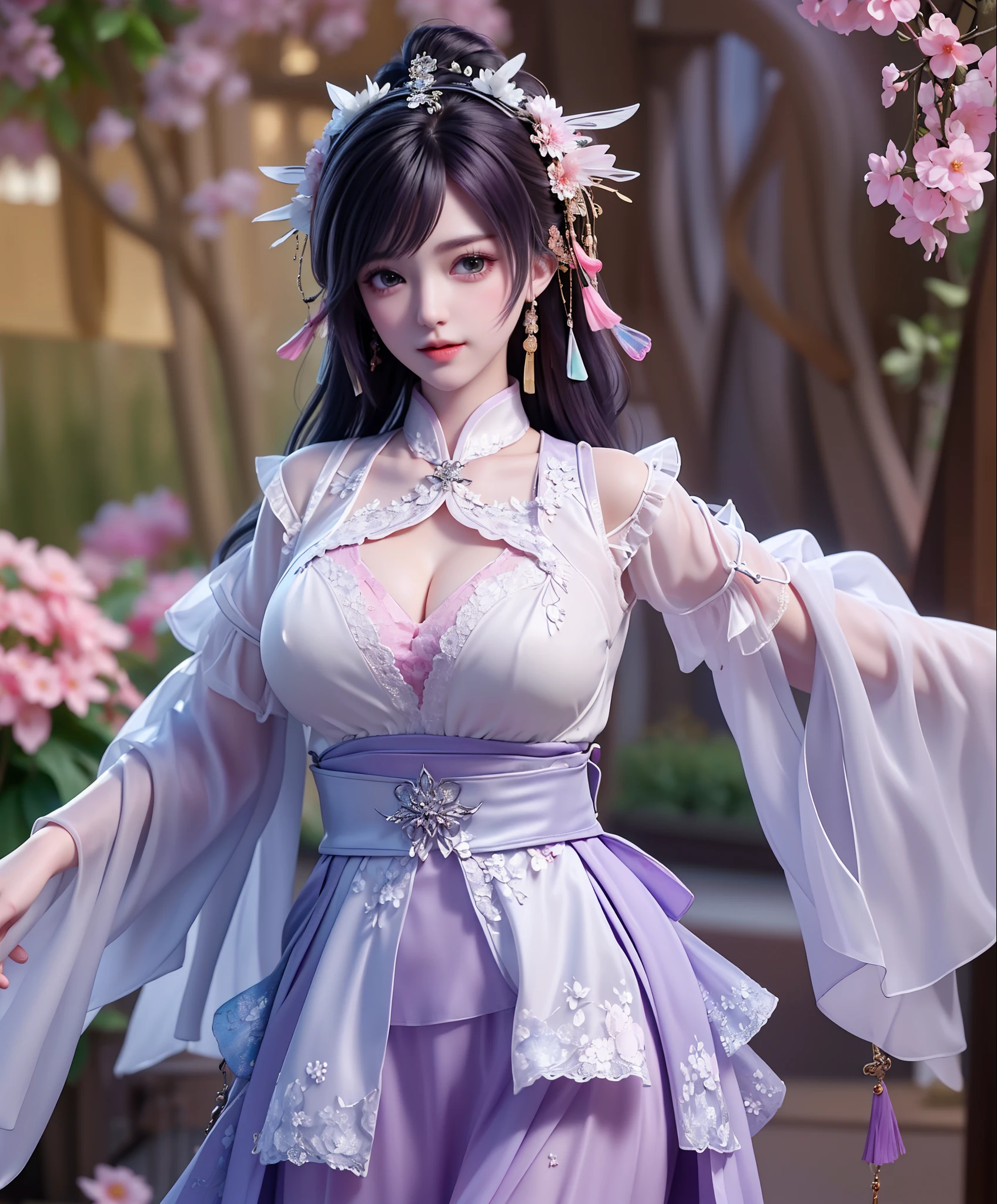(8k, RAW photo:1.2), best quality, ultra high res,dramatic angle,(fluttered detailed color splashs), (illustration),(((1 girl))),(long hair),(rain:0.9), (Headdress:1.4),There is an ancient palace beside the girl,Hanfu,(Key Points),Color ink painting,(Splash of Color),Splash of Color,(((colorful))),(sketch:0.8) , Masterpiece, best quality, beautiful painted, highly detailed,(denoising:0.6),[splash ink],((ink refraction)), (beautiful detailed sky),moon,highly,detaild,(masterpiece, best quality, extremely detailed） CG Unity 8k Wallpaper，masterpiece，best quality，Ultra Detailed），（Lycoris）. hanfu open v open V-chested clothes Thin silk lace dress , (huge ，cleavage),, white pink and gren，best qualtiy，tmasterpiece，Ultra-high resolution，（Reality：1.4），RAW photogr，（True skin texture：1.3），（filmgrain：1.3），（Selfie angle），1个Giant Breast Girl( huge, cleagve)，Beautiful eye and face details，tmasterpiece，Best quality at best，，The chest more exposed， detailed hair, bra purple and green , detail 8k, upper body, ignette transparent fabric flower, purple and blue pink white,