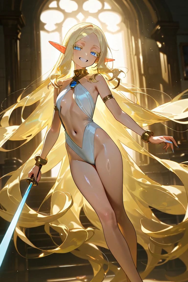 woman, 20's, beautiful, hero, blond hair, golden eyes, bangs, long hair, chlotes, had silver sword, medium breast, sexy, overly voloptuos body, nude, naked, nipple, legs, open legs, thick legs, vagina, ass