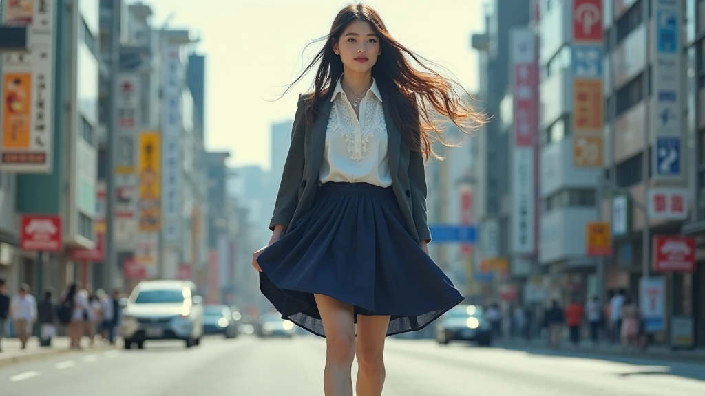 ((Viewing angle from below、highest quality、masterpiece、32k、Every detail))、subway、stroll、systemic manifestations、A strong wind is blowing、Her hair and skirt were flipped up、Traditional navy blue sailor uniform、White blouse、Pleated skirt、(( I always carry my bag across my body.:1.12))、One Girl, alone、(((mini skirt, No underwear:1.22)))、Big Breasts、barefoot, High heels