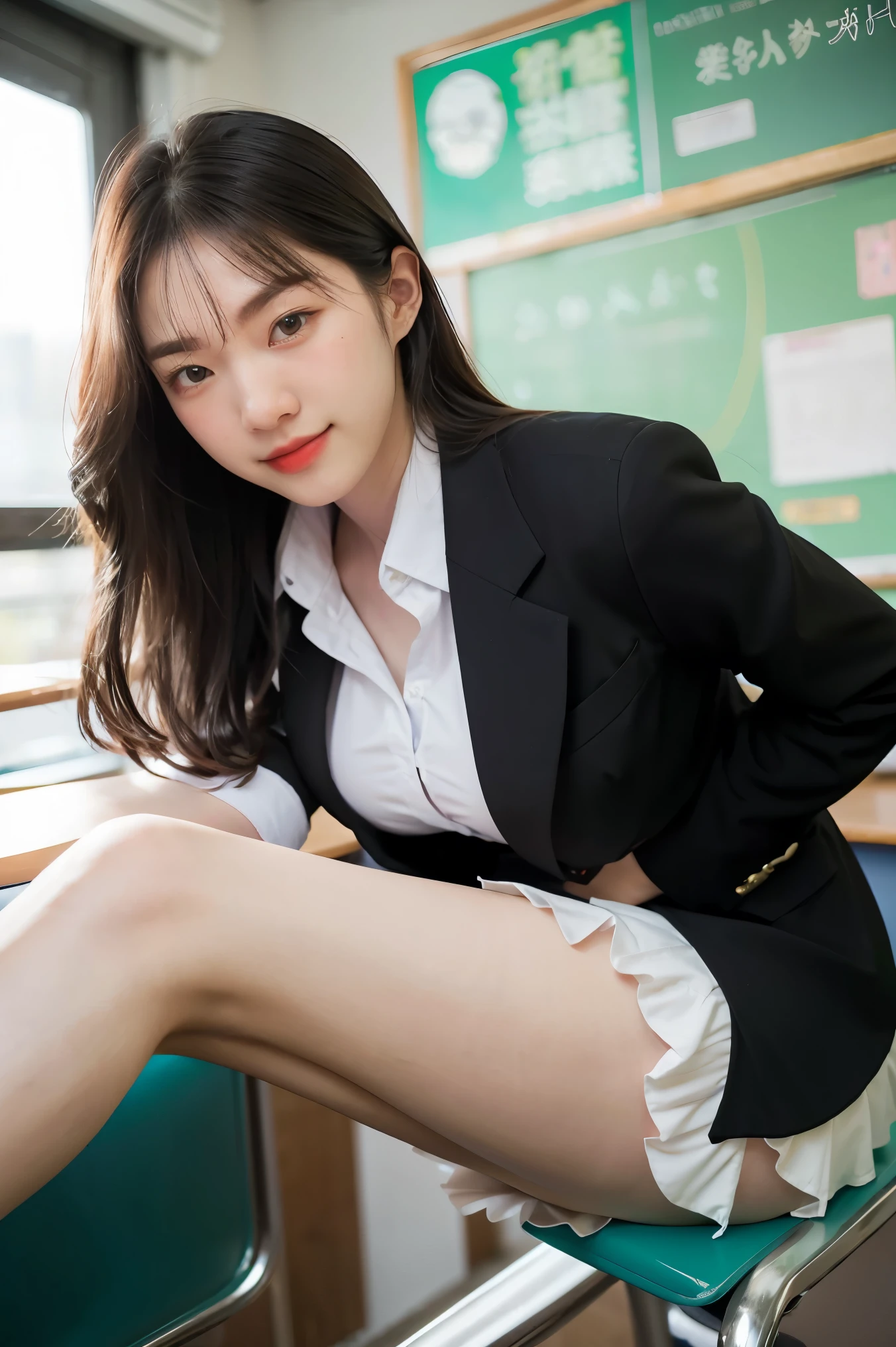 super detailed, BREAK Complete Anatomy , beautiful face and eye details flooded into the classroom, 1 Japanese girl , black hair, straight hair,amount,smile, business suit, I'm wearing a curved permanent ,Hands on knees, Big Breasts ,crop,From a viewpoint, viewers, ((suit and miniskirt )) ,Do the splits、 legs、 garter belt、 focus on your thighs、m字Do the splits