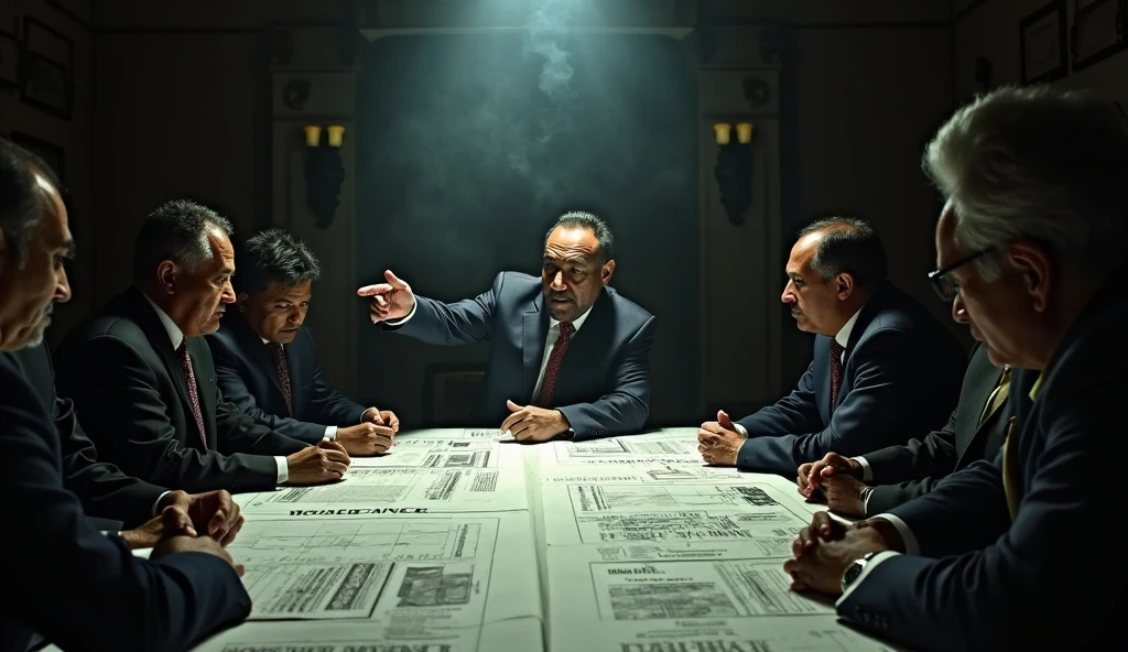 Create an image with a table with mobsters with ????? and weapons on the table with the M logo.D in the center of the image 