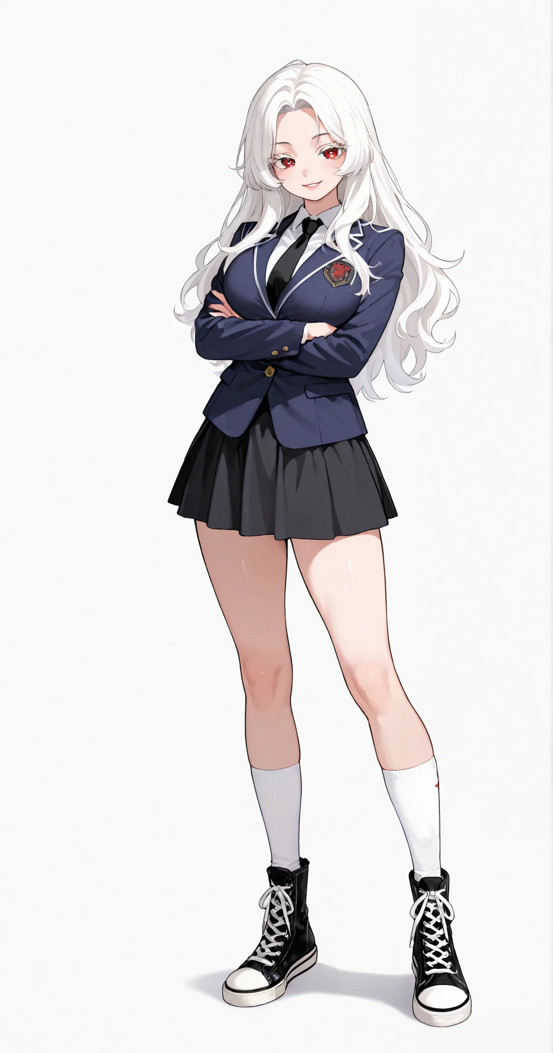 1 girl , beautiful, wavy white hair, middle part hair, long hair, defined red eyes, reddish lips, bright smile, white eyelashes, Latina, light skined, fit body, sexy body, big breast, long legs, high school uniform, black tie, dark blue jacket, black skirt, standing, white high top converse boots shoes, white knee high socks, hands crossed, full body, plain white background