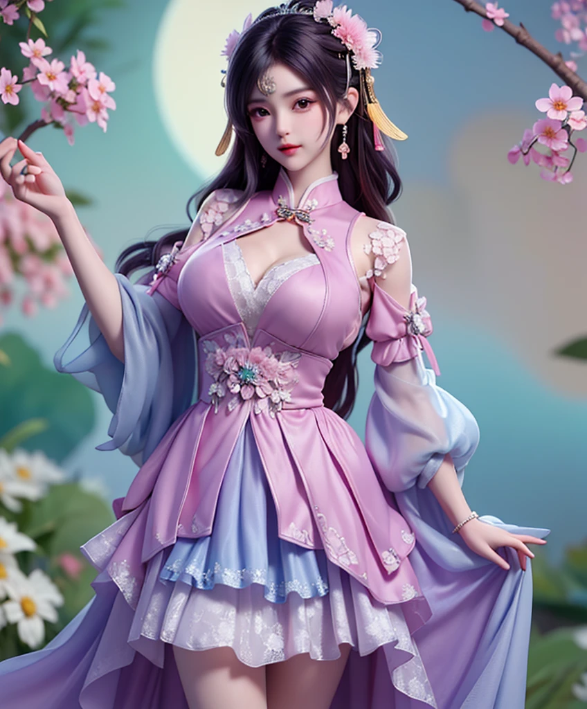 (8k, RAW photo:1.2), best quality, ultra high res,dramatic angle,(fluttered detailed color splashs), (illustration),(((1 girl))),(long hair),(rain:0.9), (Headdress:1.4),There is an ancient palace beside the girl,Hanfu,(Key Points),Color ink painting,(Splash of Color),Splash of Color,(((colorful))),(sketch:0.8) , Masterpiece, best quality, beautiful painted, highly detailed,(denoising:0.6),[splash ink],((ink refraction)), (beautiful detailed sky),moon,highly,detaild,(masterpiece, best quality, extremely detailed） CG Unity 8k Wallpaper，masterpiece，best quality，Ultra Detailed），（Lycoris）.shoulder ballet dress open V-chested clothes Thin silk lace dress short skirt , (huge ，cleavage),, white pink, blue ，best qualtiy，tmasterpiece，Ultra-high resolution，（Reality：1.4），RAW photogr，（True skin texture：1.3），（filmgrain：1.3），（Selfie angle），1个Giant Breast Girl，Beautiful eye and face details，tmasterpiece，Best quality at best，，The chest more exposed， detailed hair, bra pink purple , detail 8k, full body, lace petticoat, fan handle